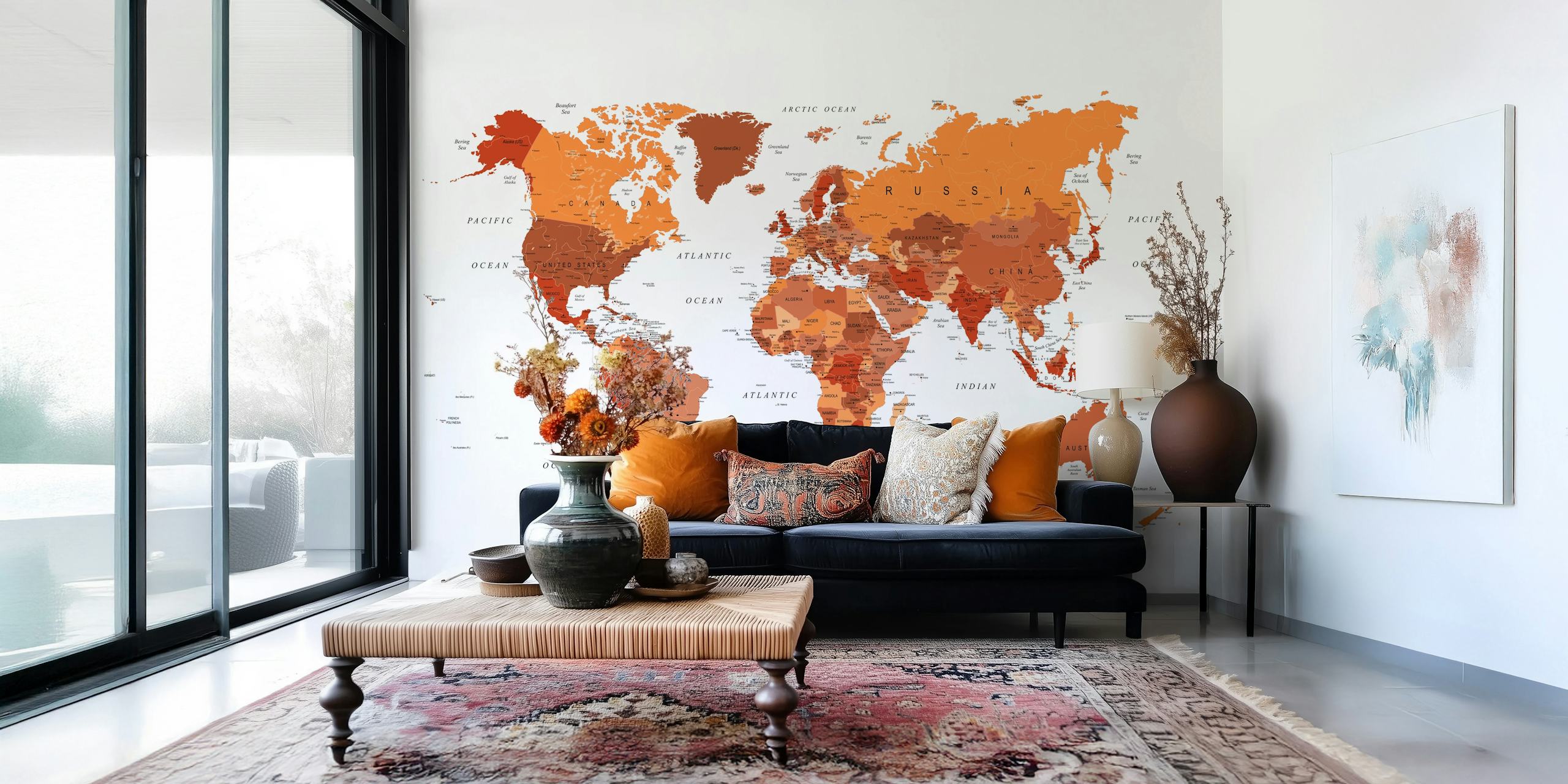 World Map Russet Orange wallpaper in a room