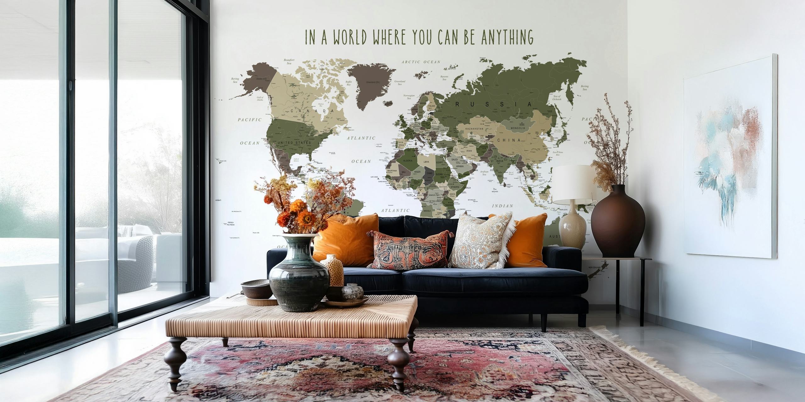 Be Kind World Map tapet i et stilrent rom
