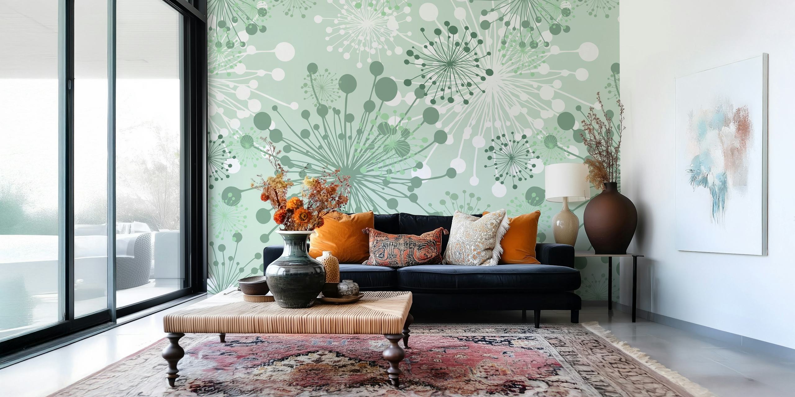 Dandelions mint sage green diseño de papel tapiz