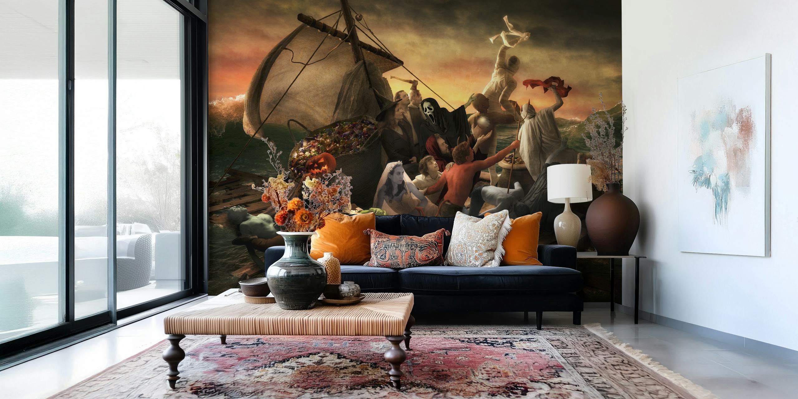 Halloween-themed wall mural featuring ghostly figures and jack-o'-lanterns on a dark sea