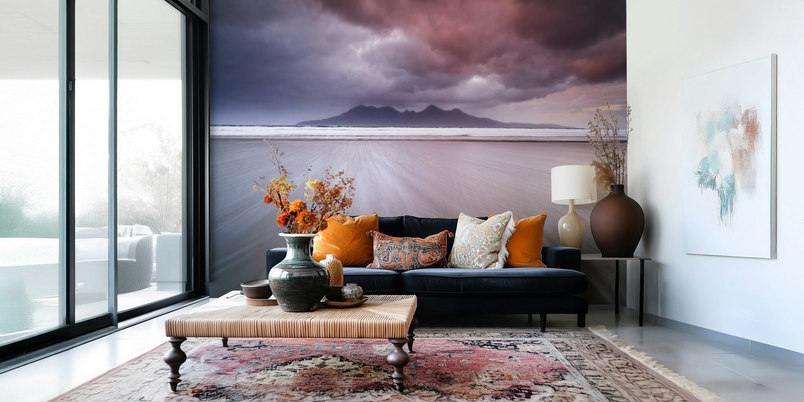Ocean landscape wallpaper with dark clouds and gentle waves