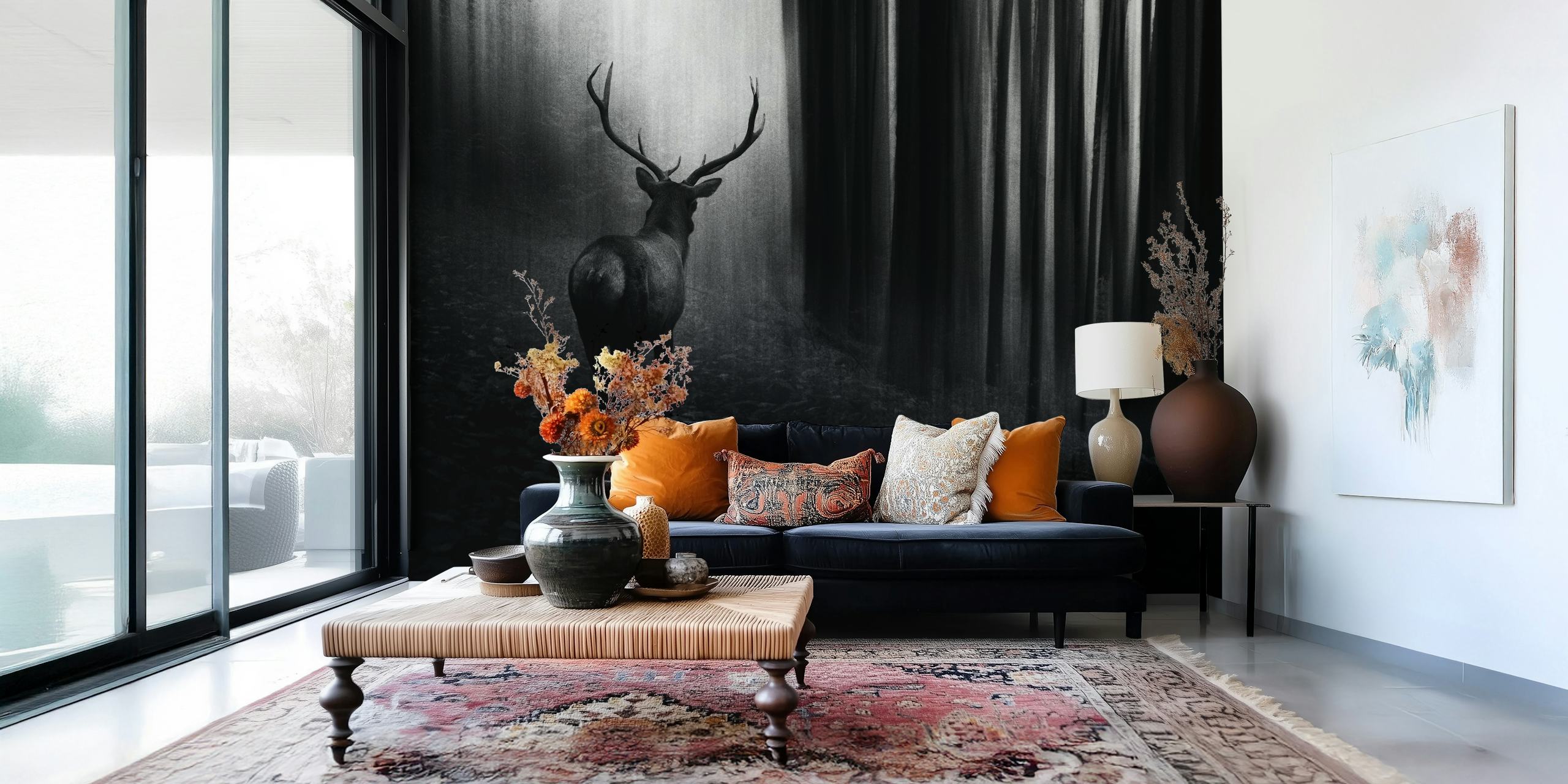 Stag in a misty forest wall mural for home decor
