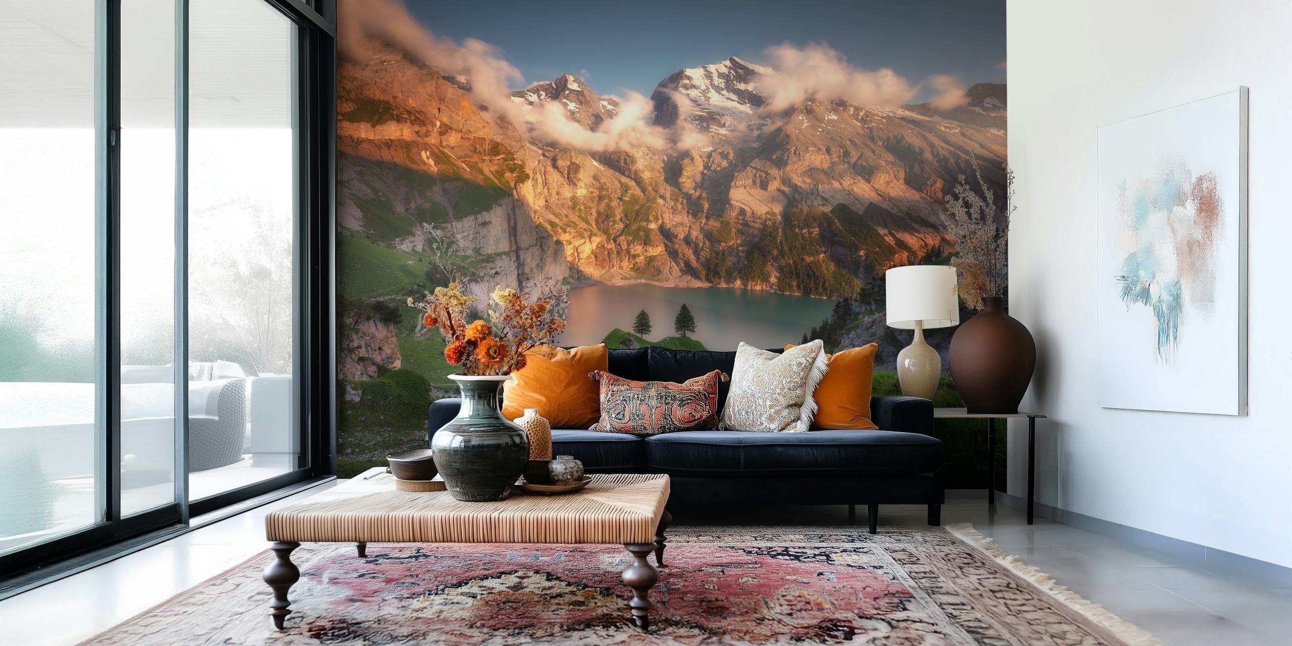 Fototapeta jezioro Oeschinensee z alpejskimi górami i zachodem słońca