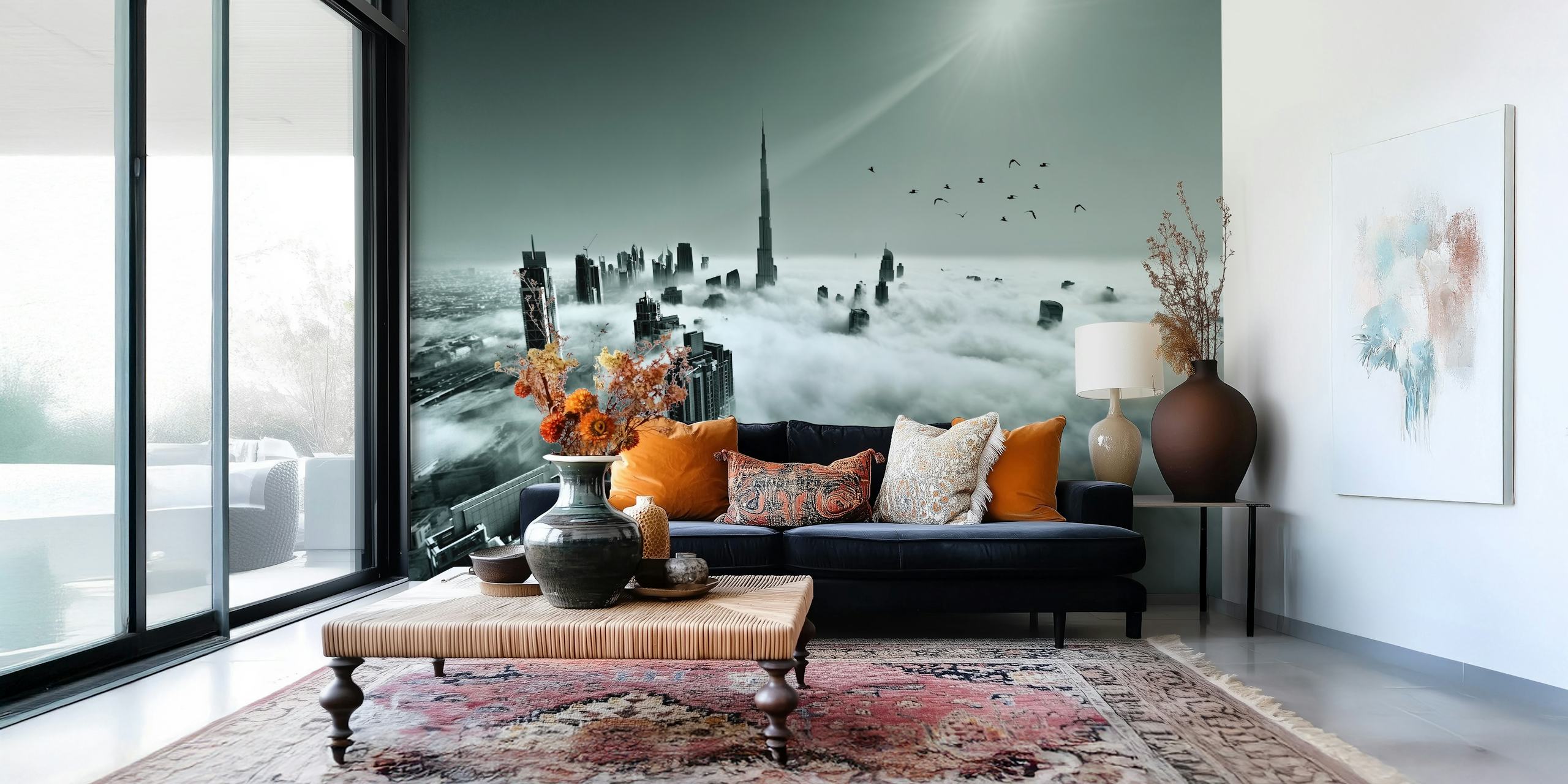 Papel de parede com uma paisagem urbana acima das nuvens
