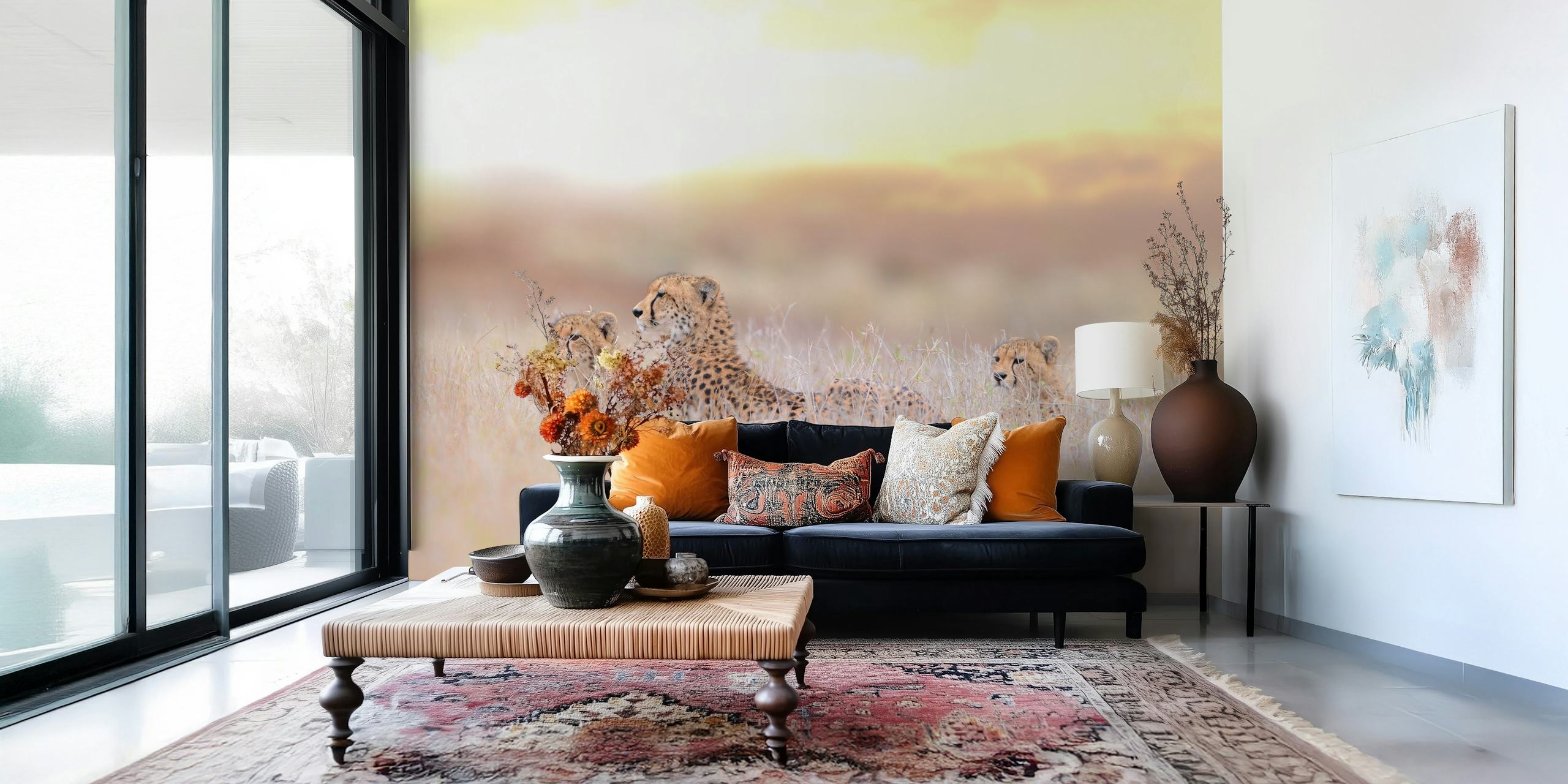 Cheetah mother and cubs wall mural in golden savannah grass