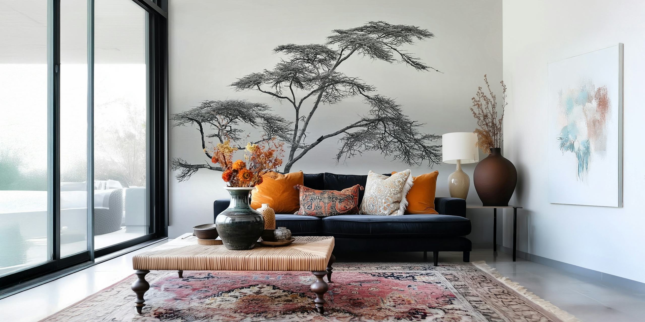 Papier peint mural arbre minimaliste dans un paysage brumeux