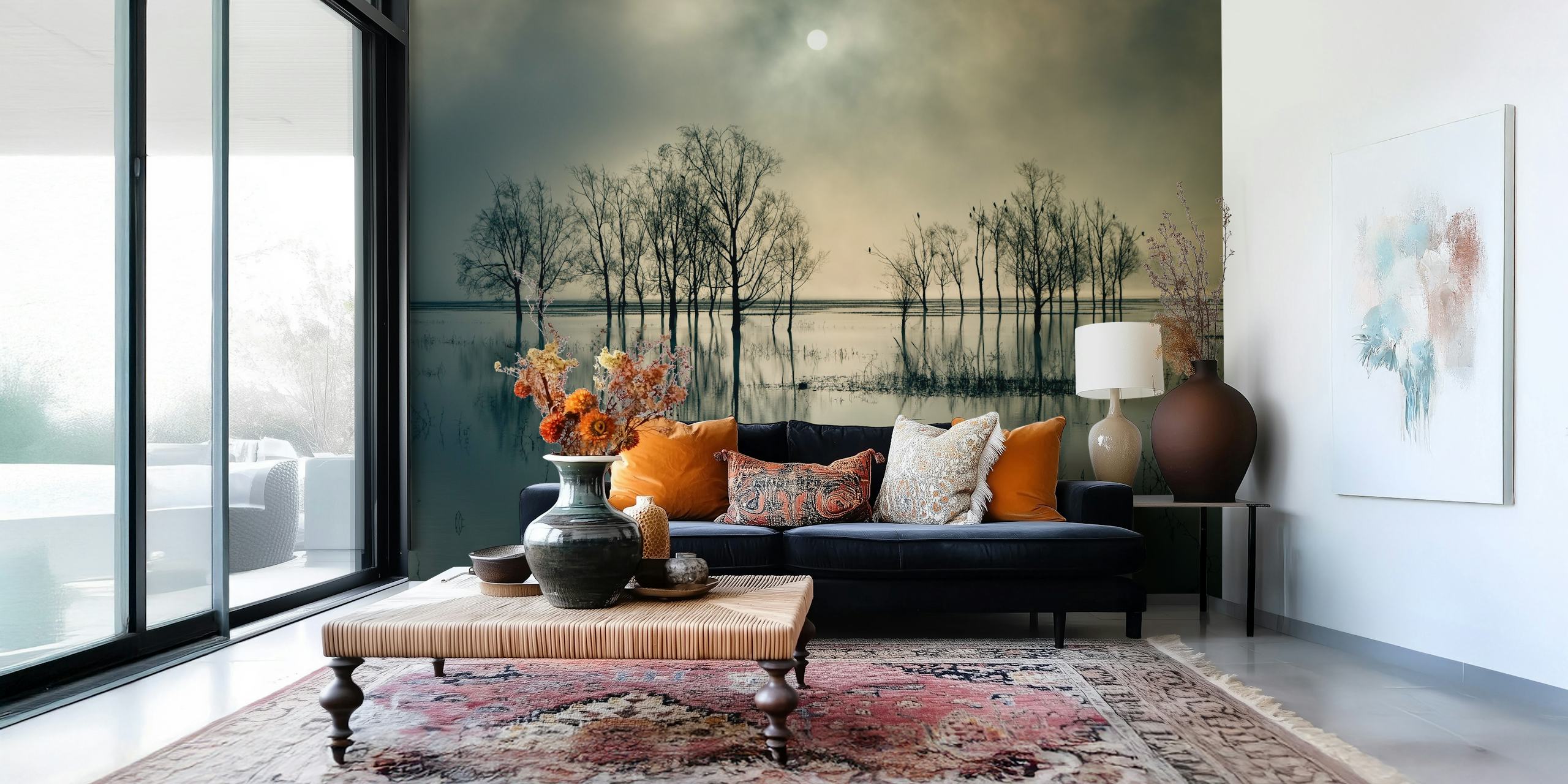 Misty lake landscape featuring trees and sun reflection wallpaper