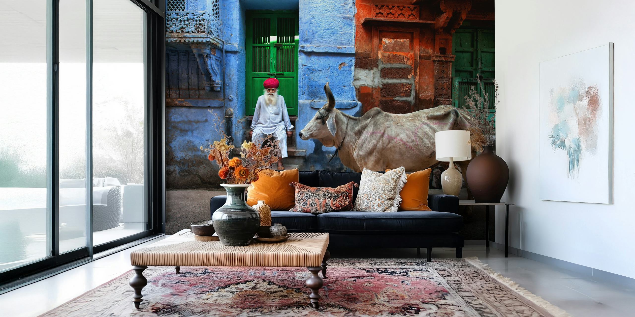 Colorful blue and orange India wall mural showcasing traditional architecture