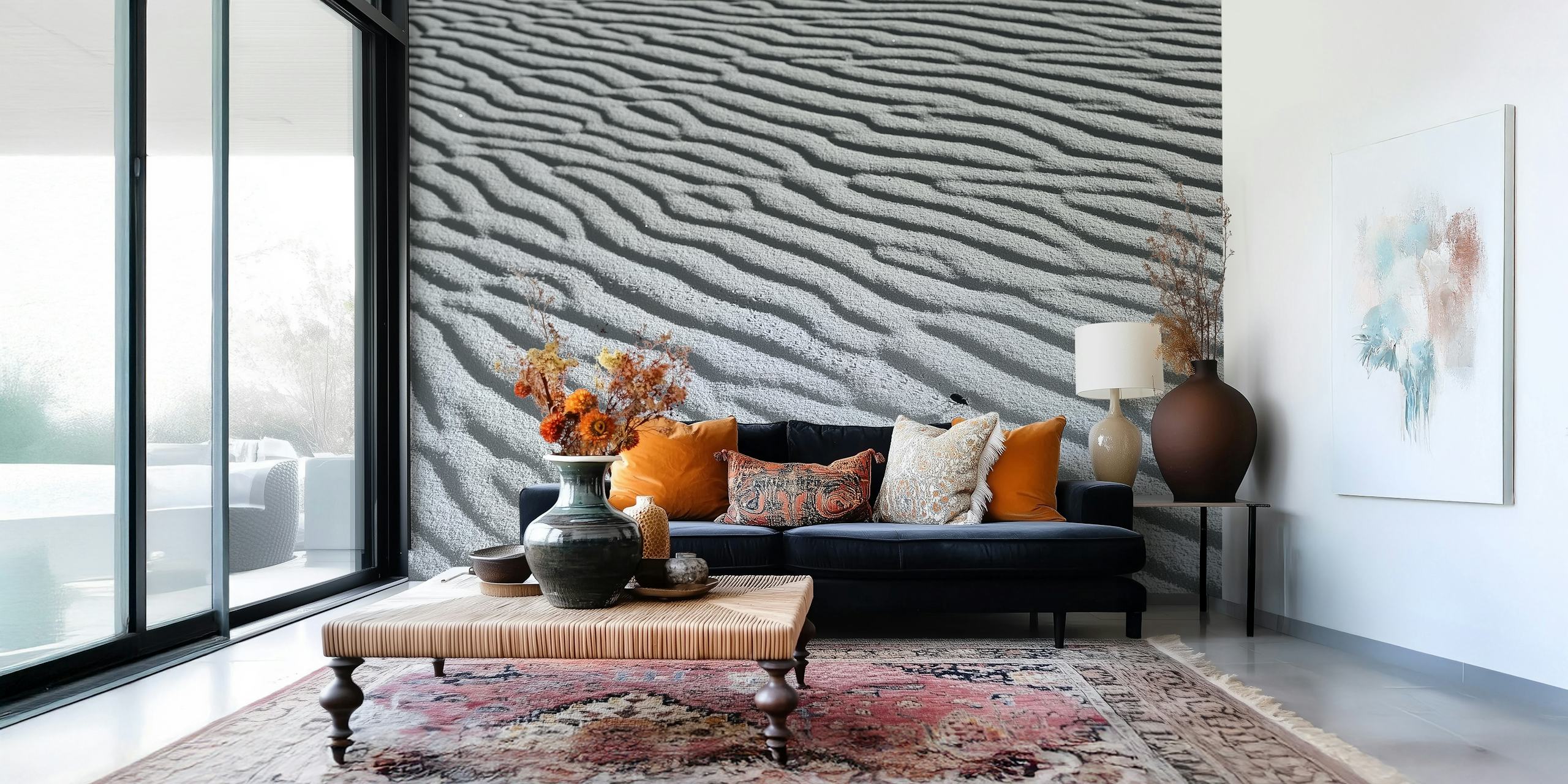 Abstract black and white patterned wallpaper with wave-like textures