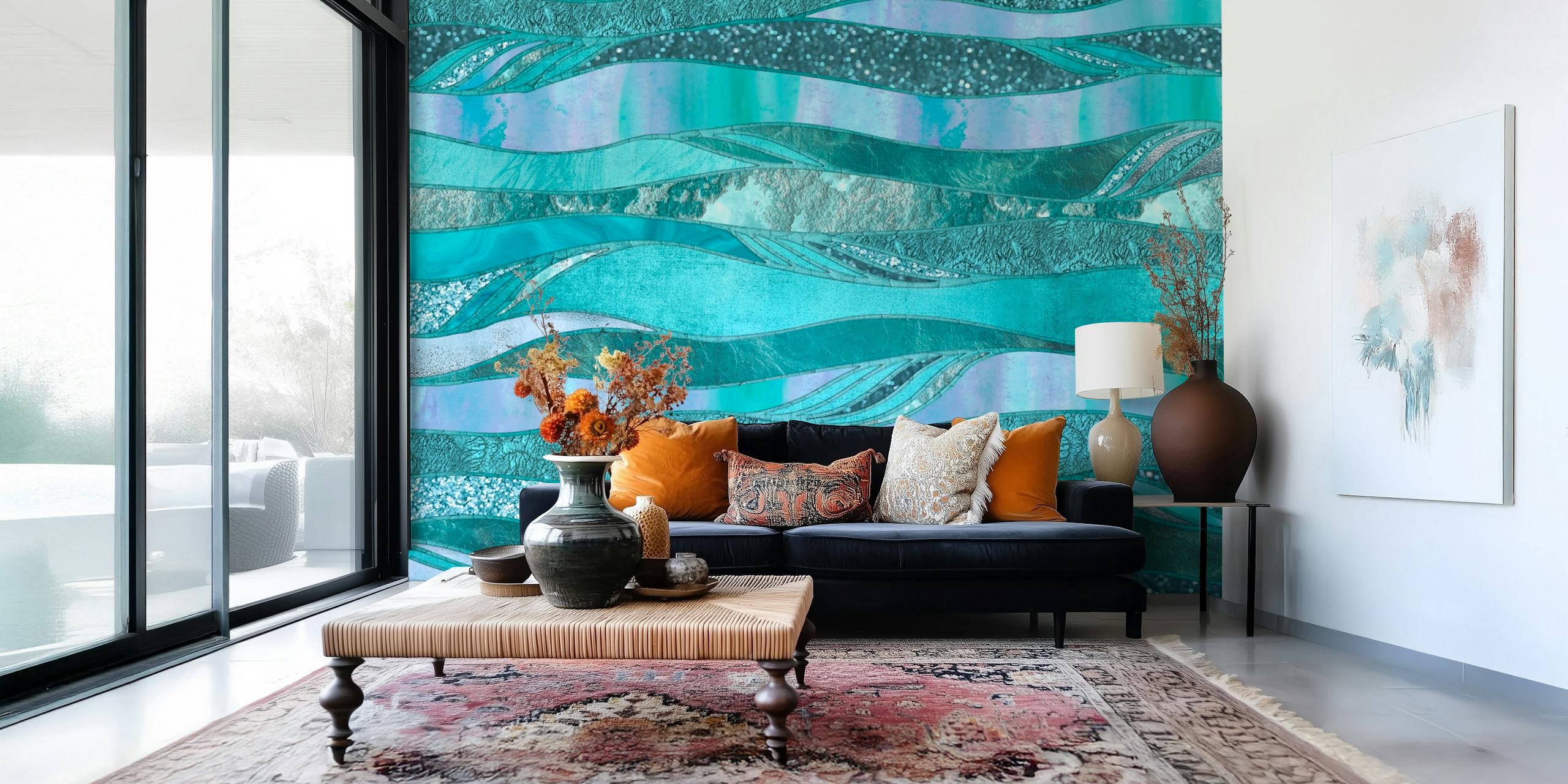 Elegant aqua- och krickafärgad tapet med en skimrande glamorös design