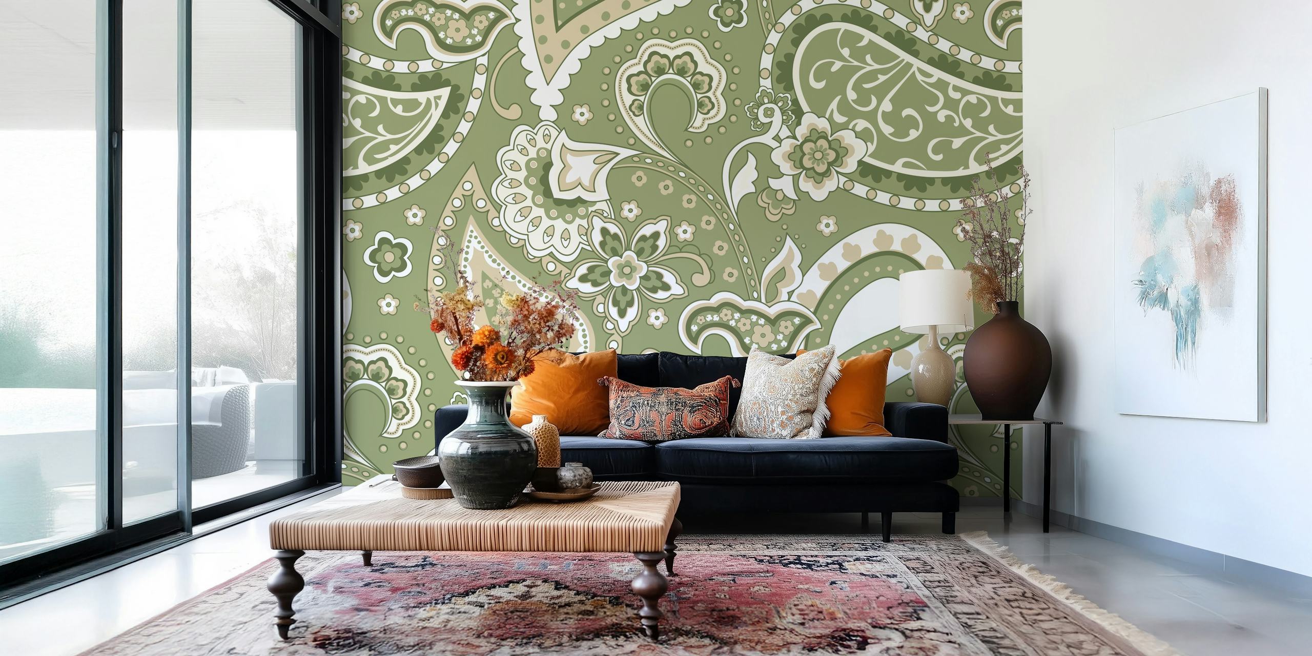 Paisley olive sage beige wallpaper design