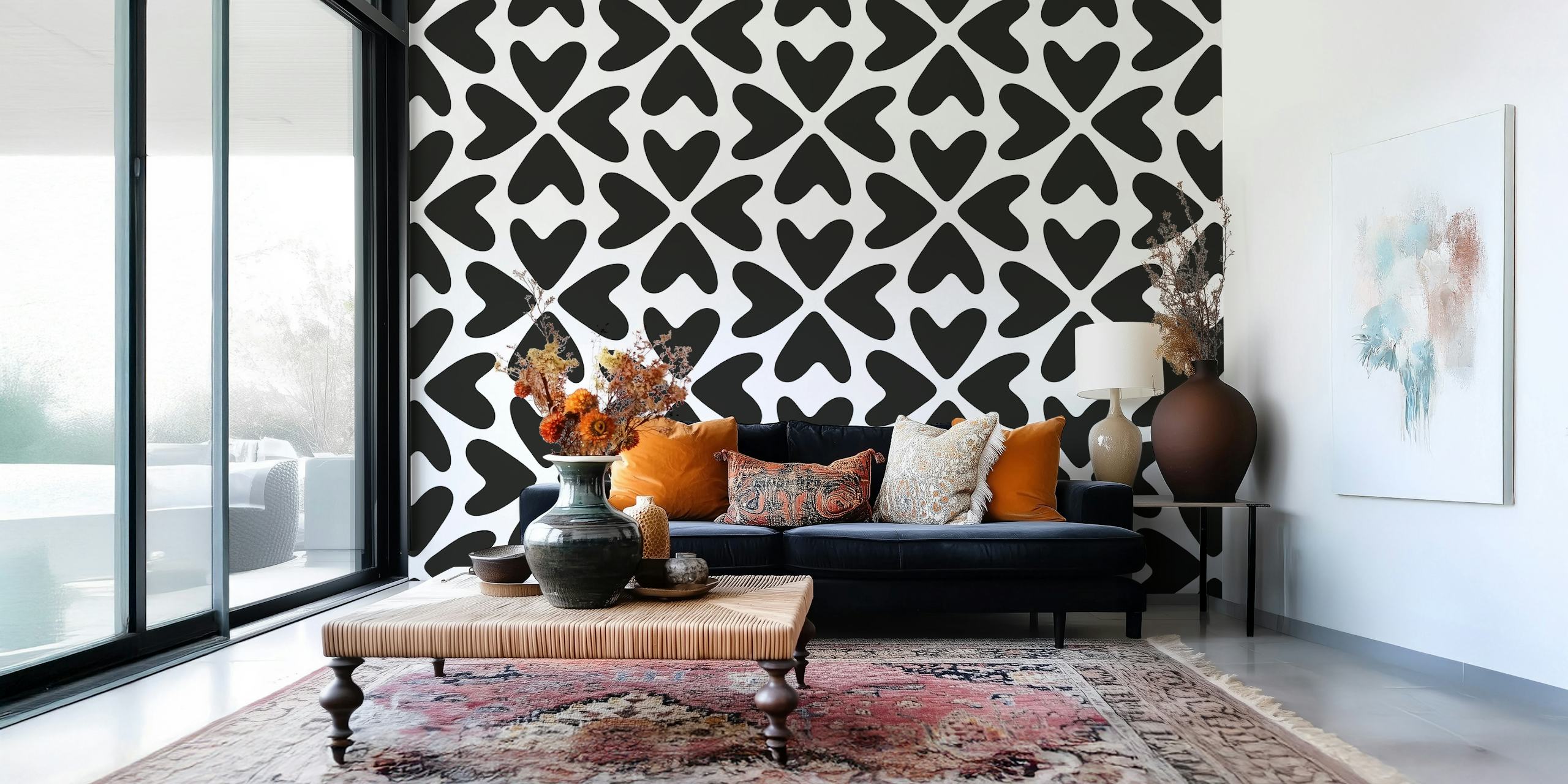 Black and white floral pattern wallpaper with heart shapes