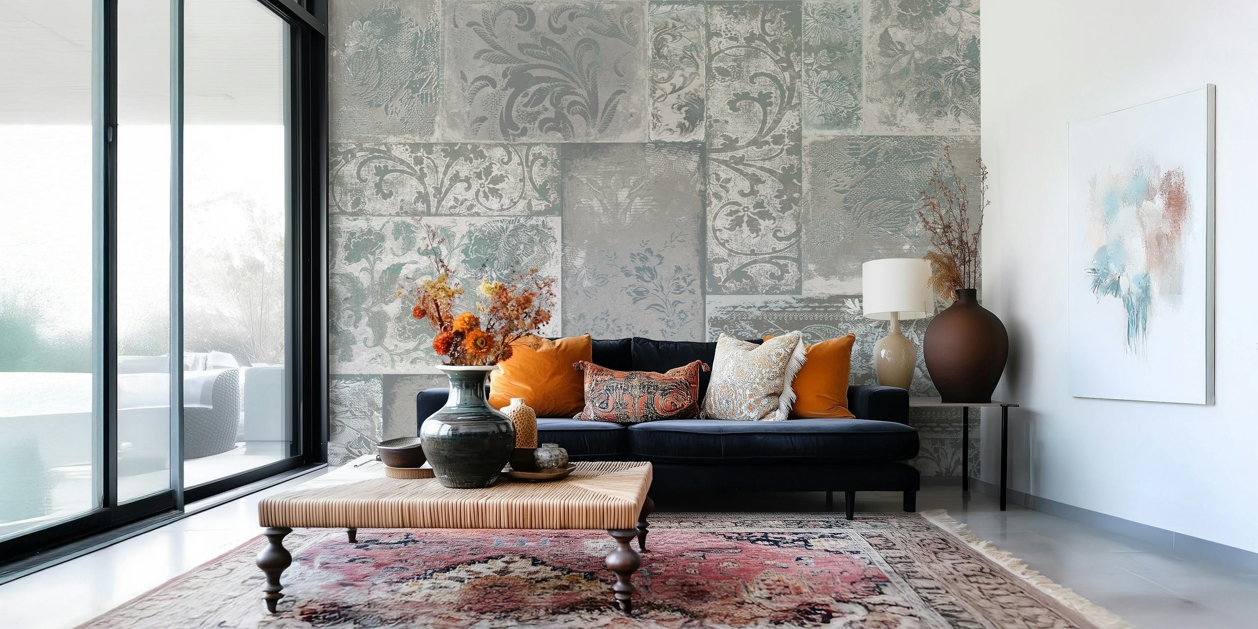 Bohemian Patchwork grey mint wallpaper in a room
