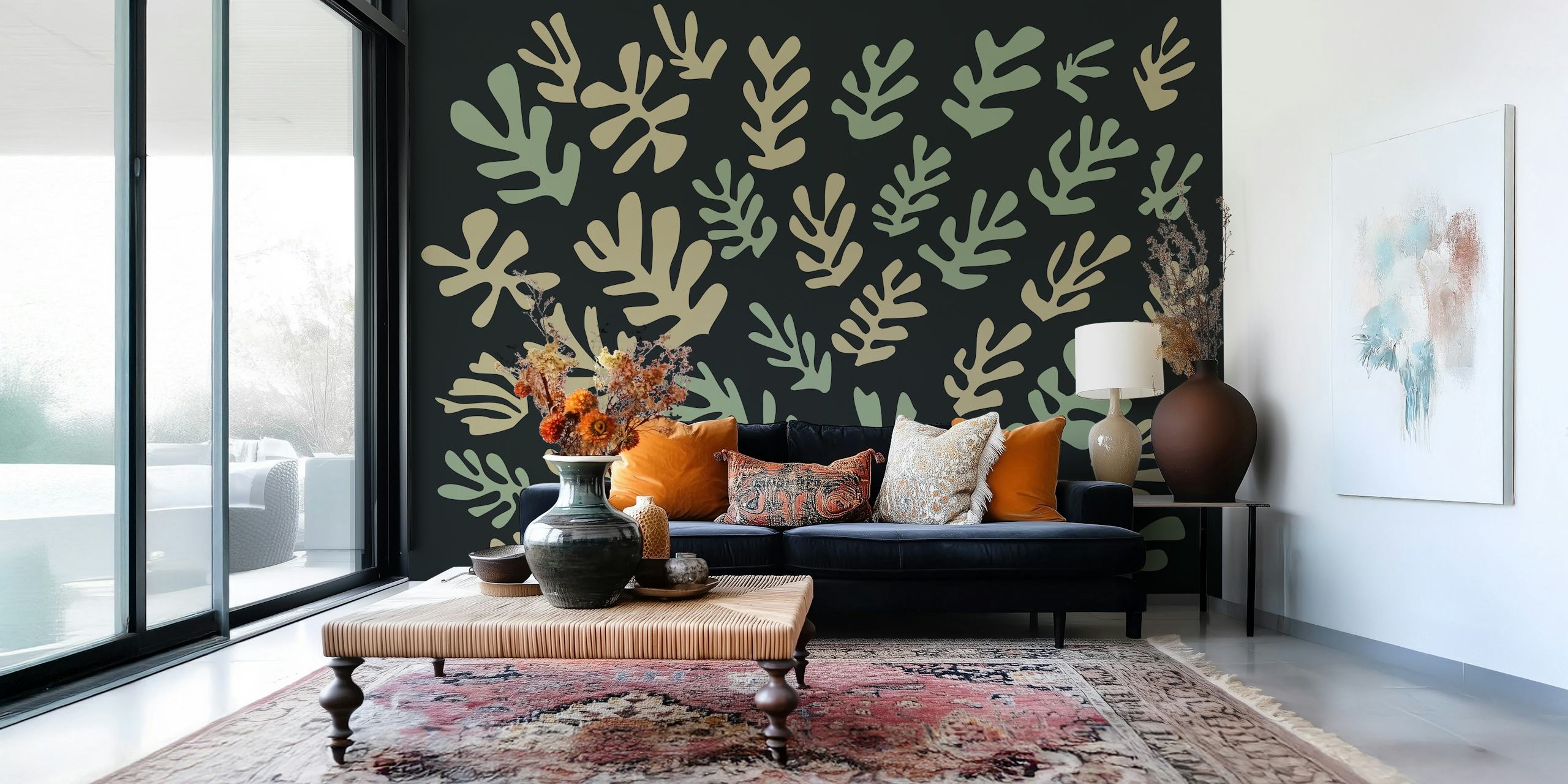Abstract green leaves pattern wall mural in Matisse-inspired style