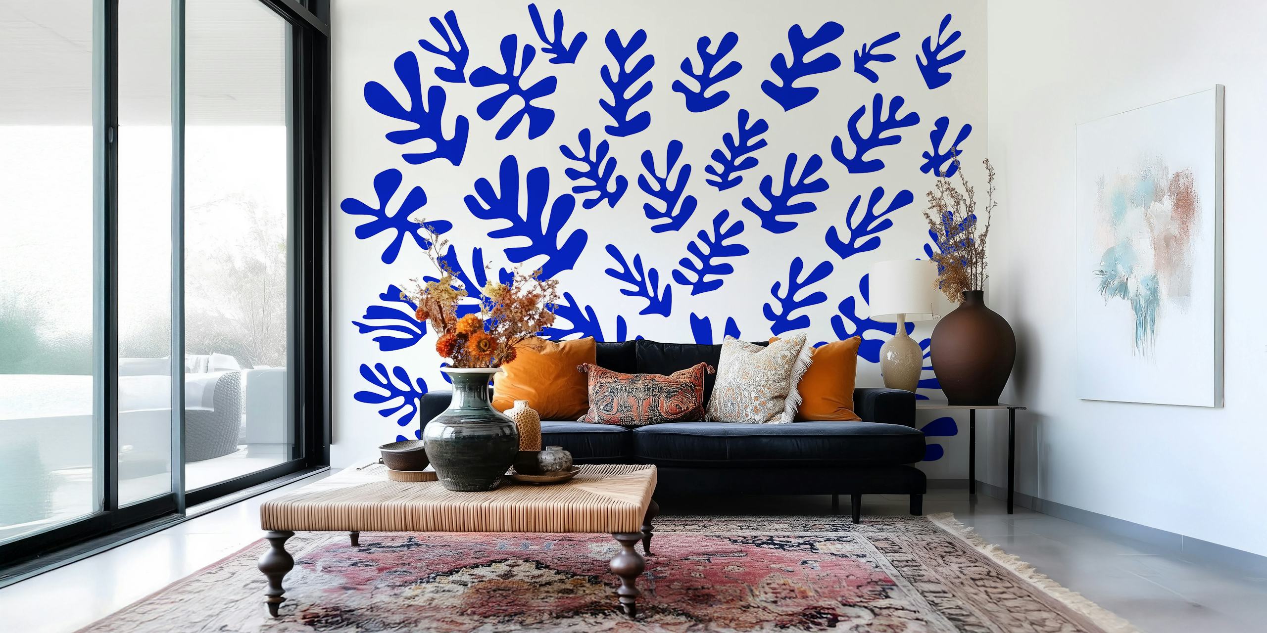 Blue Matisse Inspired Leaf wallpaper in a room