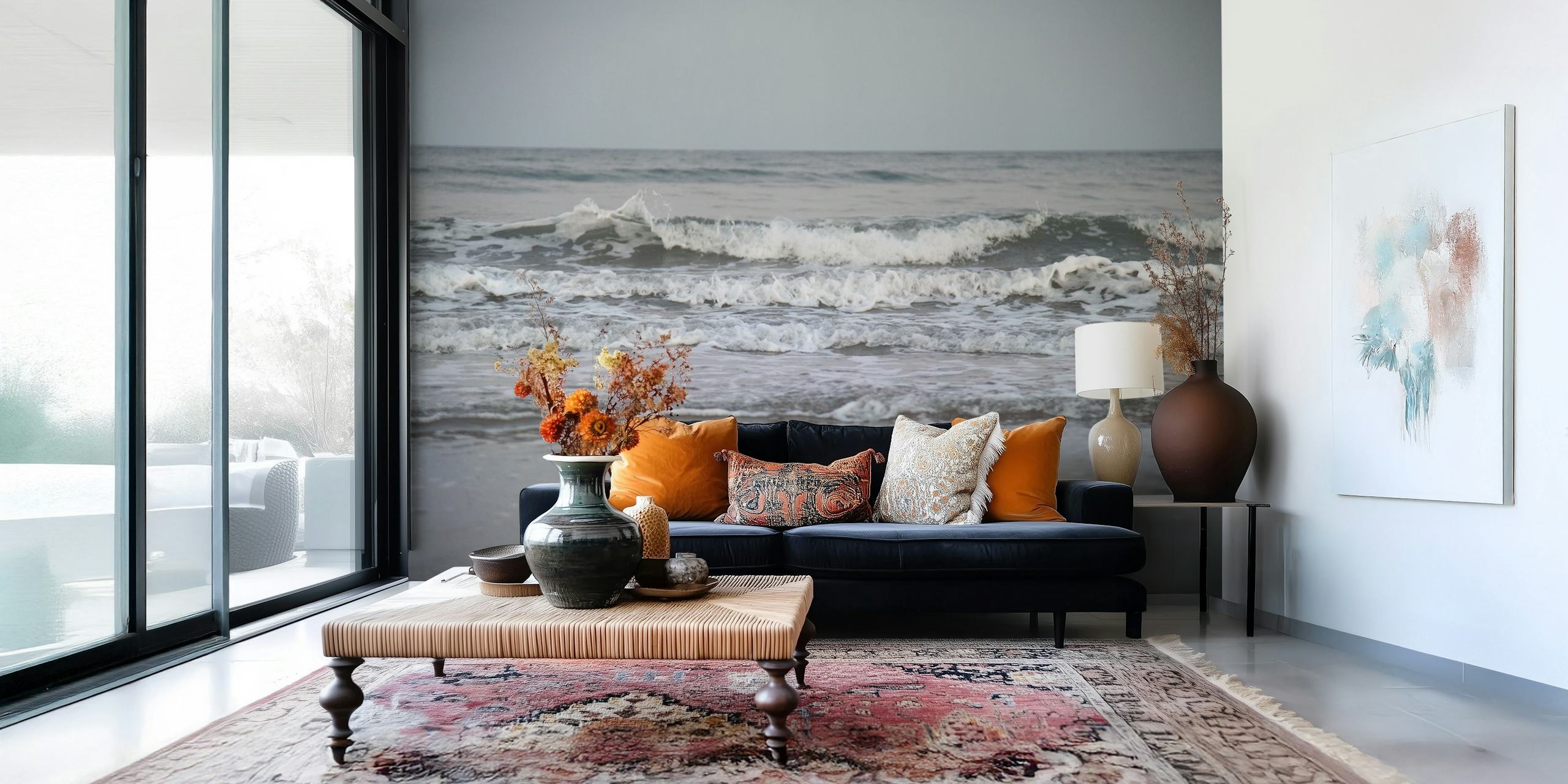 Wallpaper featuring ocean waves in a room