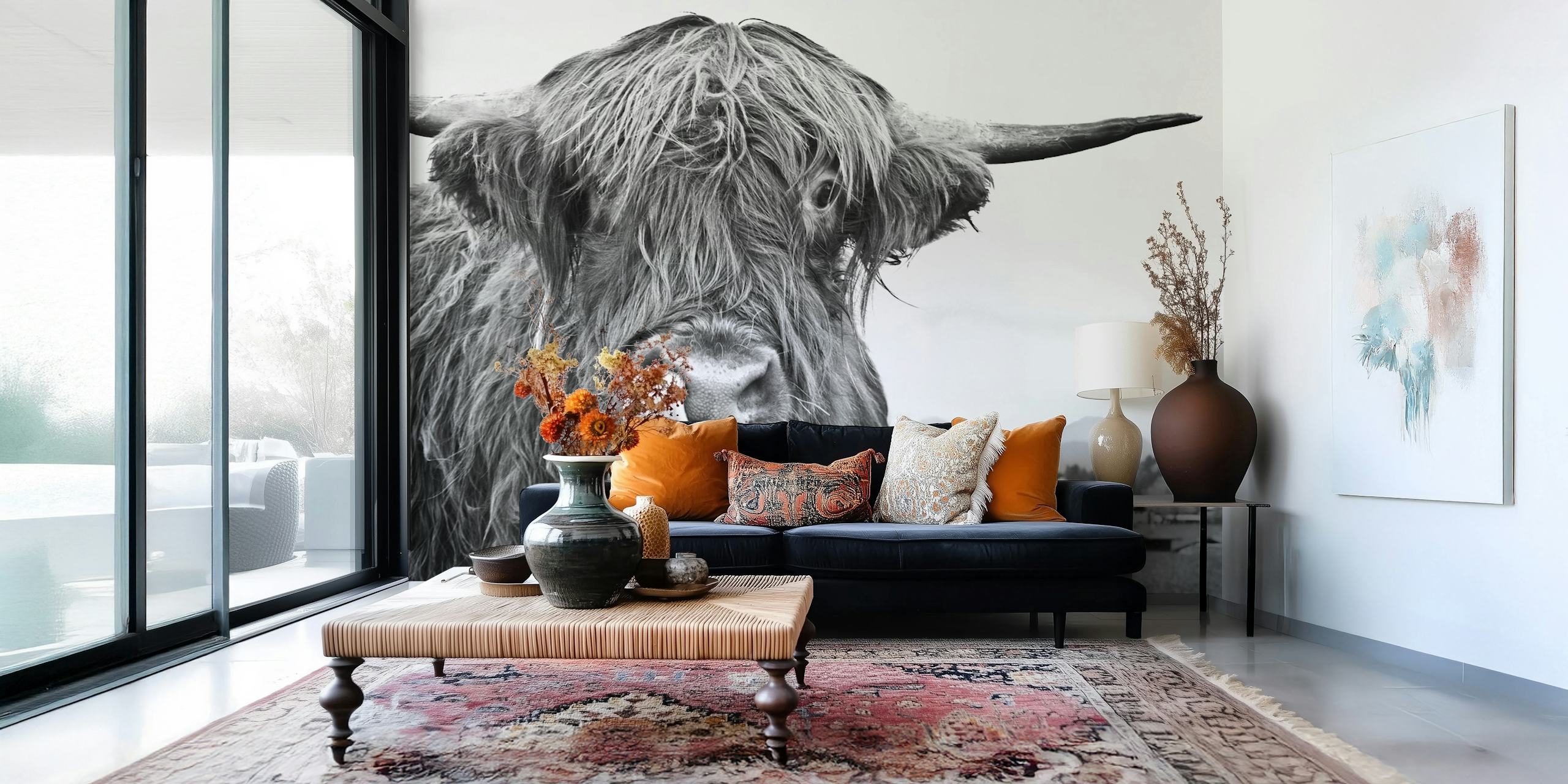 Highland cow with long hair and horns black and white wallpaper