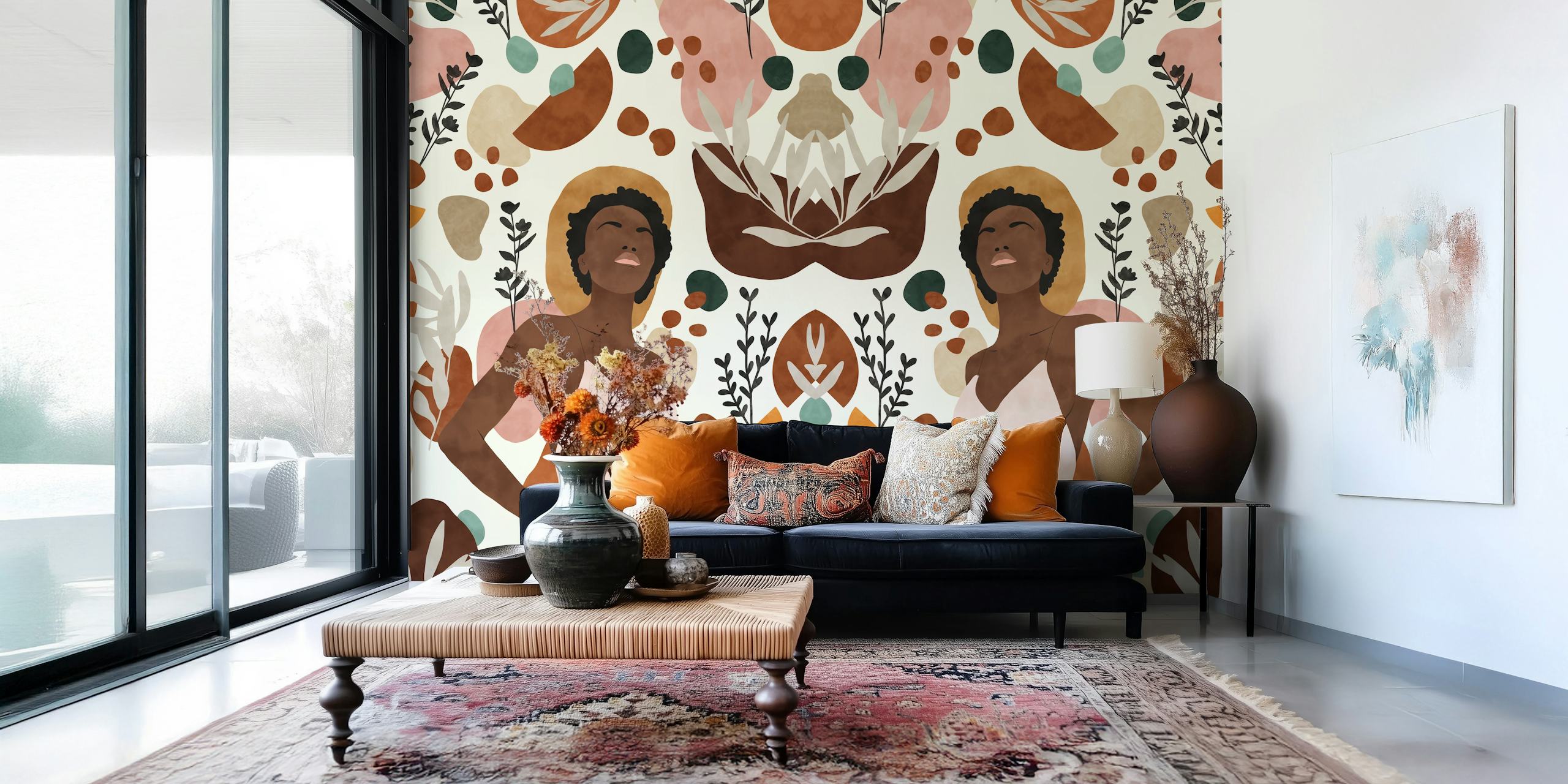 Floral and abstract design wallpaper in warm earthy tones with figures