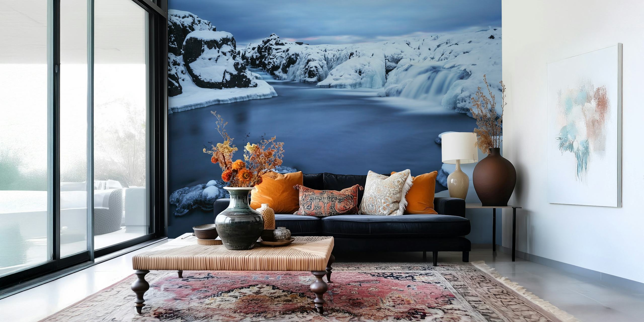 Icy blue river with rocks and snow wallpaper