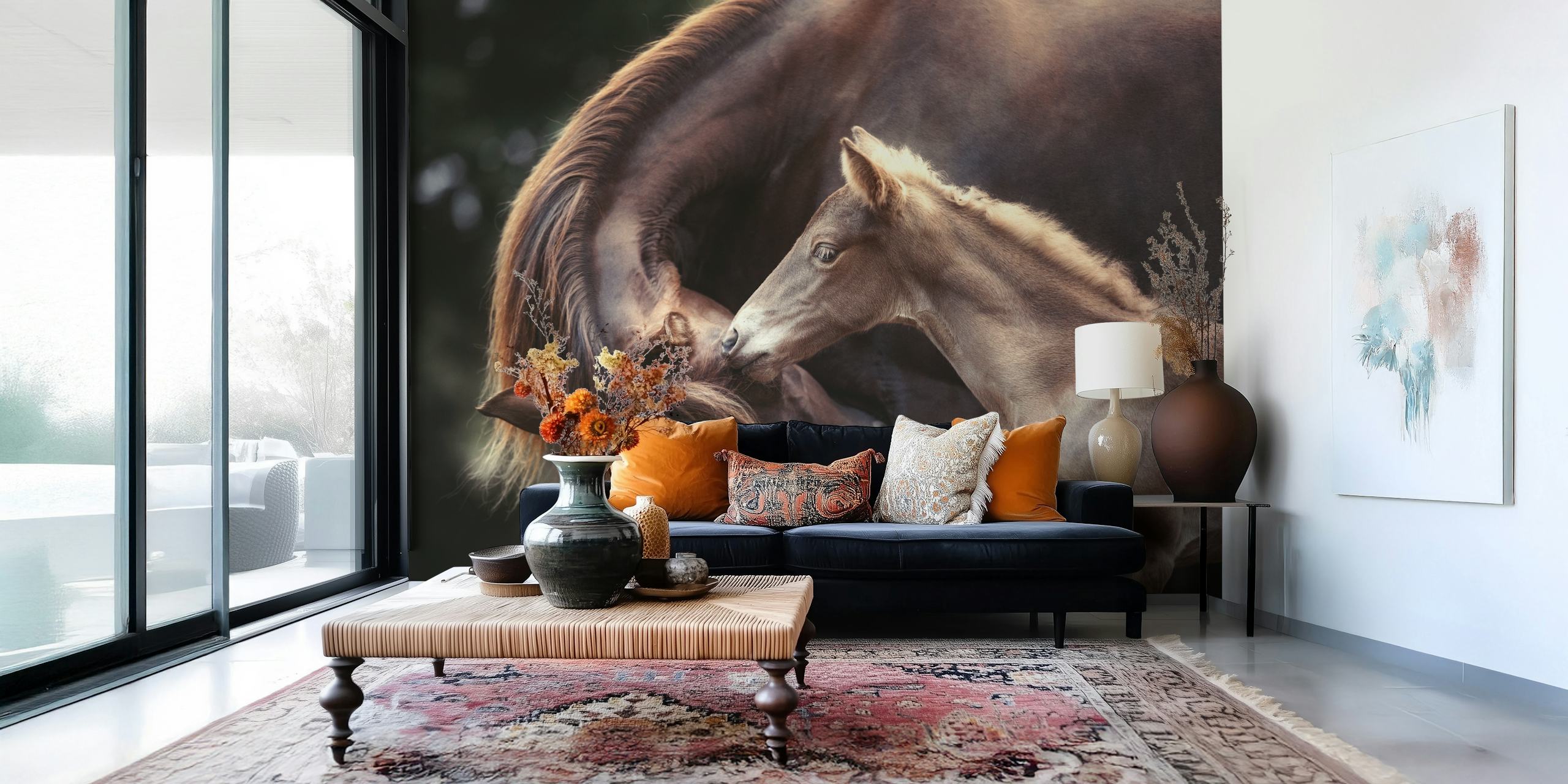 Mare and foal sharing a gentle moment in The Bond wall mural