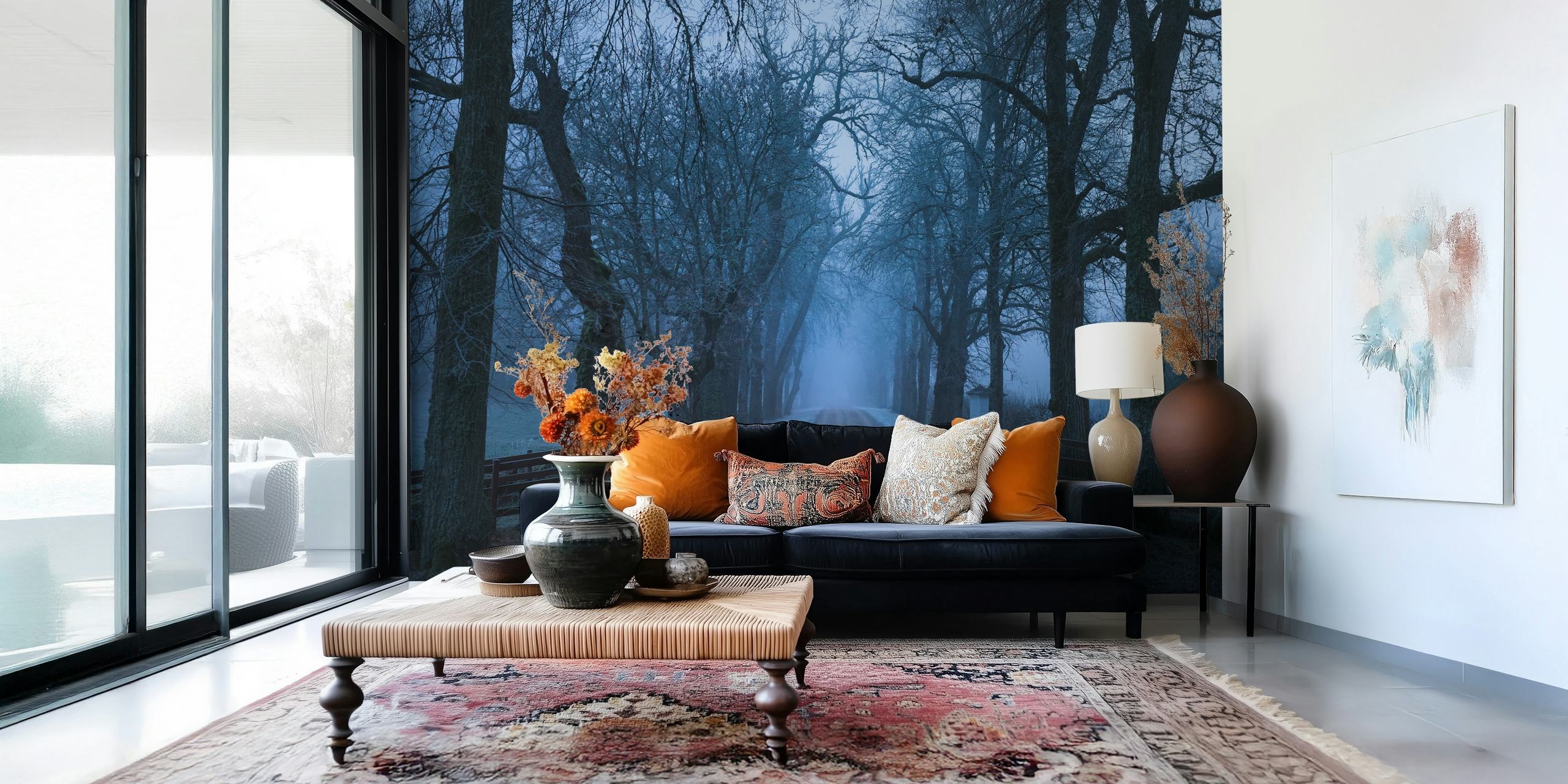 Sleepy Hollow wall mural depicting a serene, tree-lined pathway shrouded in mist