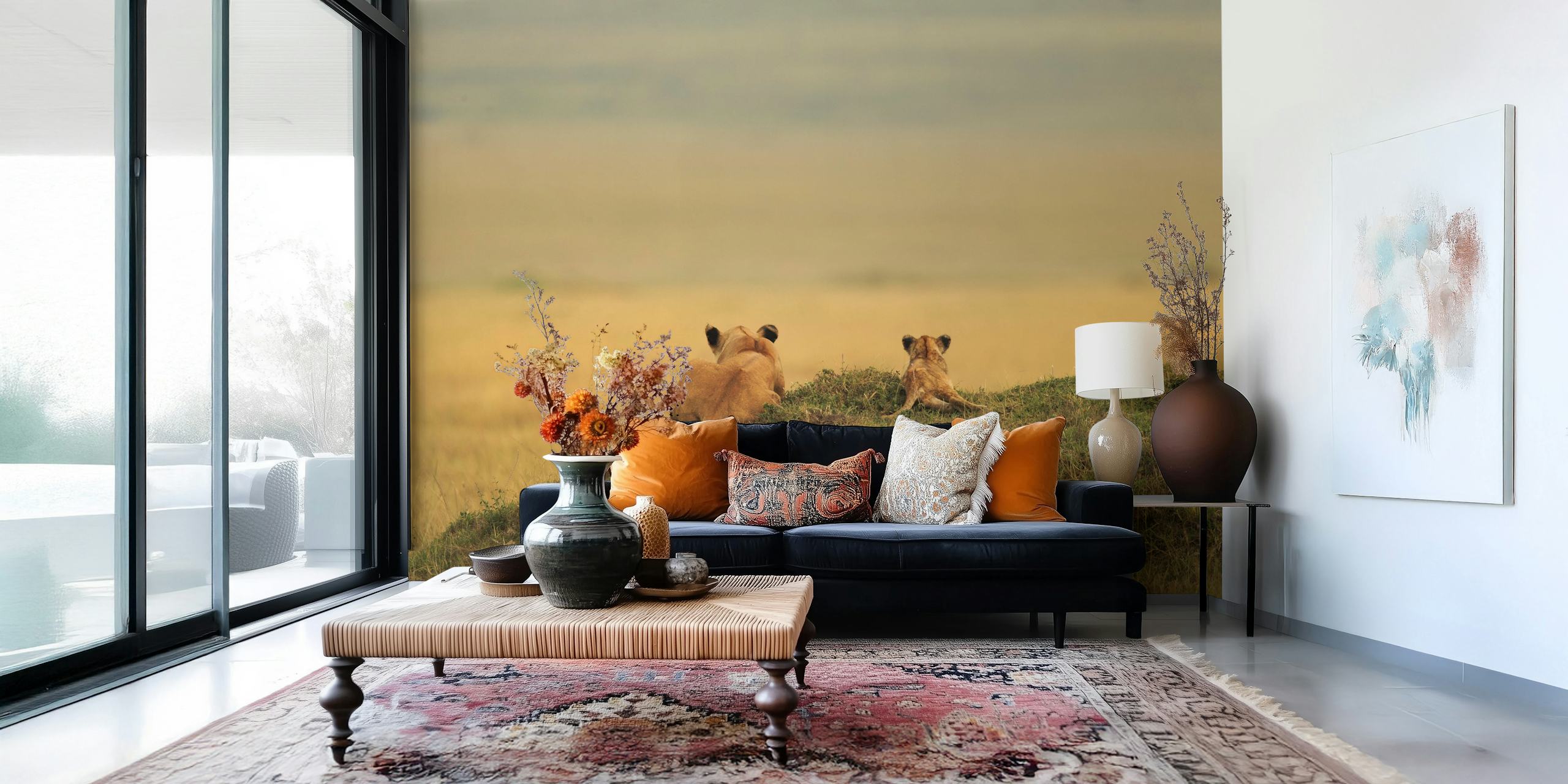 Lion mother and cub overlooking a savanna landscape wallpaper