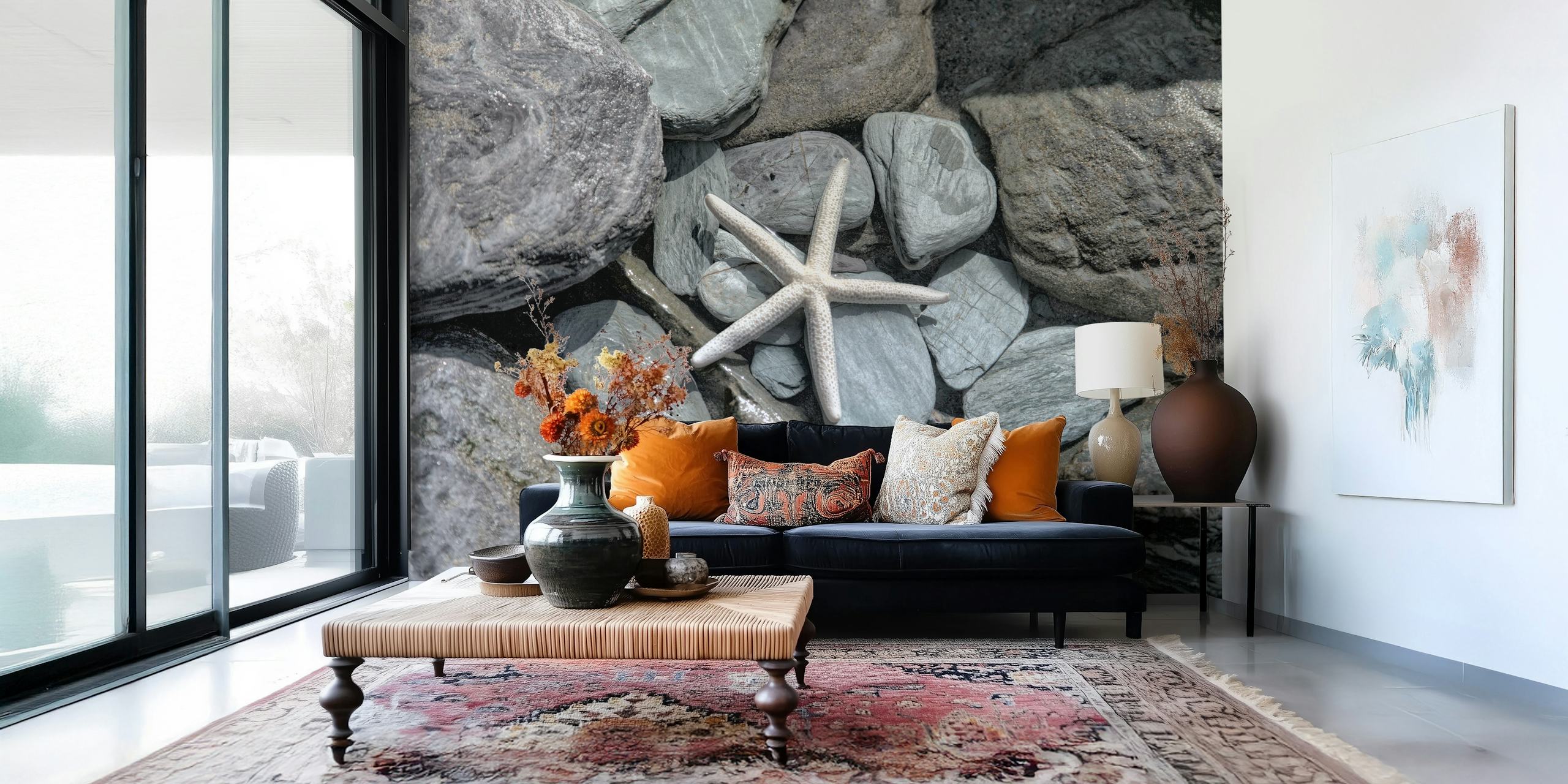 Starfish on rocks in gray tones wallpaper