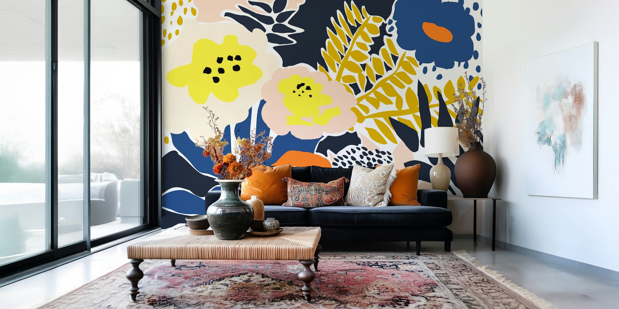 Colorful floral wallpaper with pink, blue, orange, and yellow elements in a modern style.