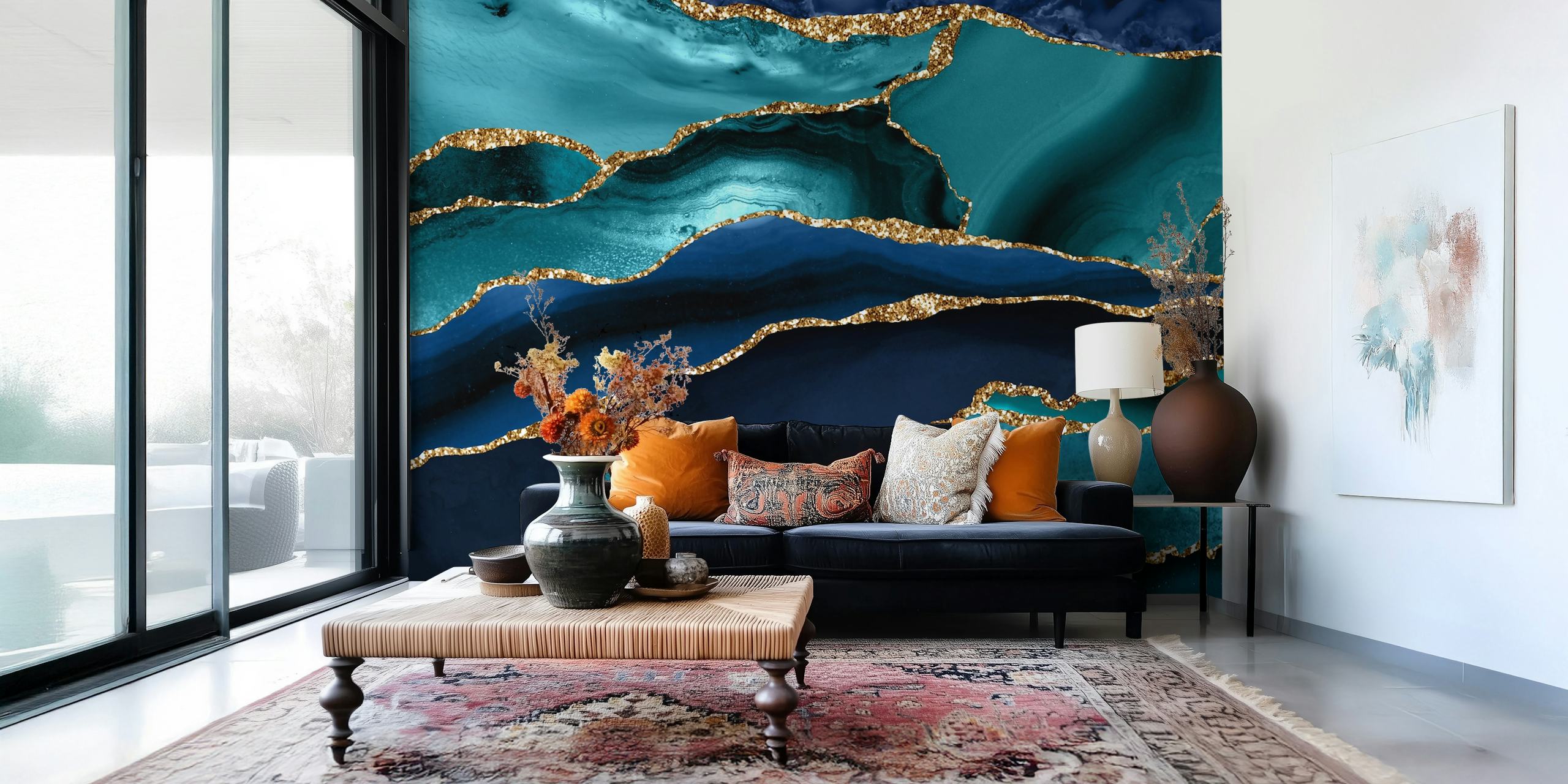 Layers of blue marble with golden edges wallpaper