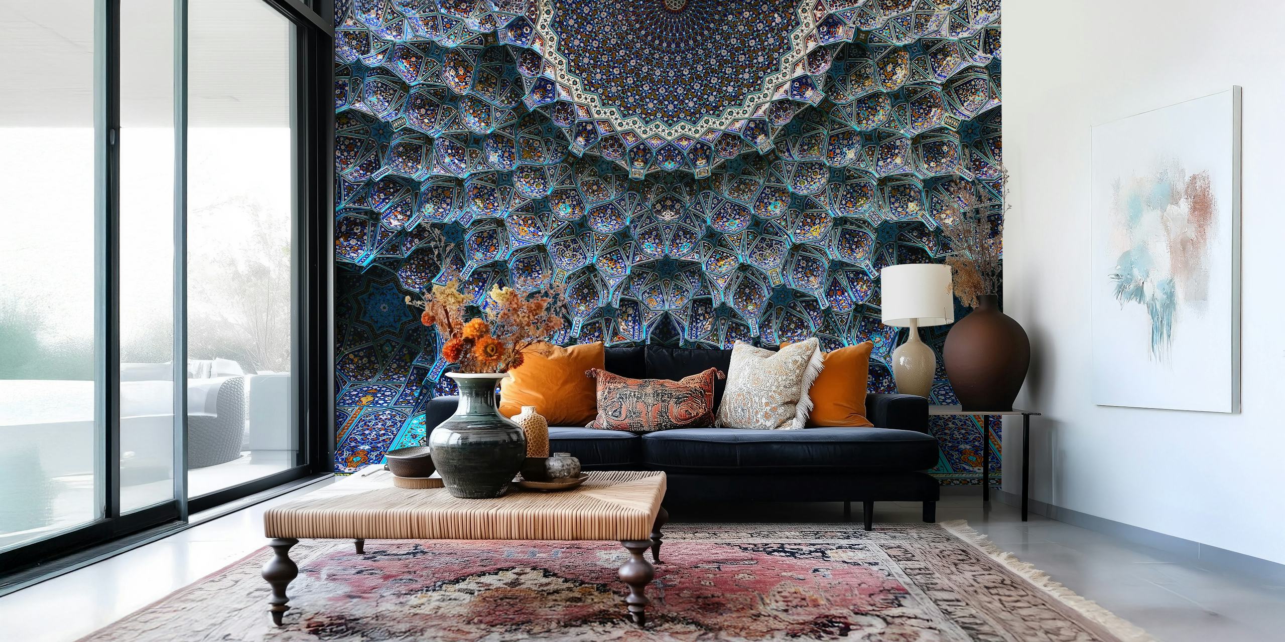 Geometric patterned blue and turquoise mosque wallpaper