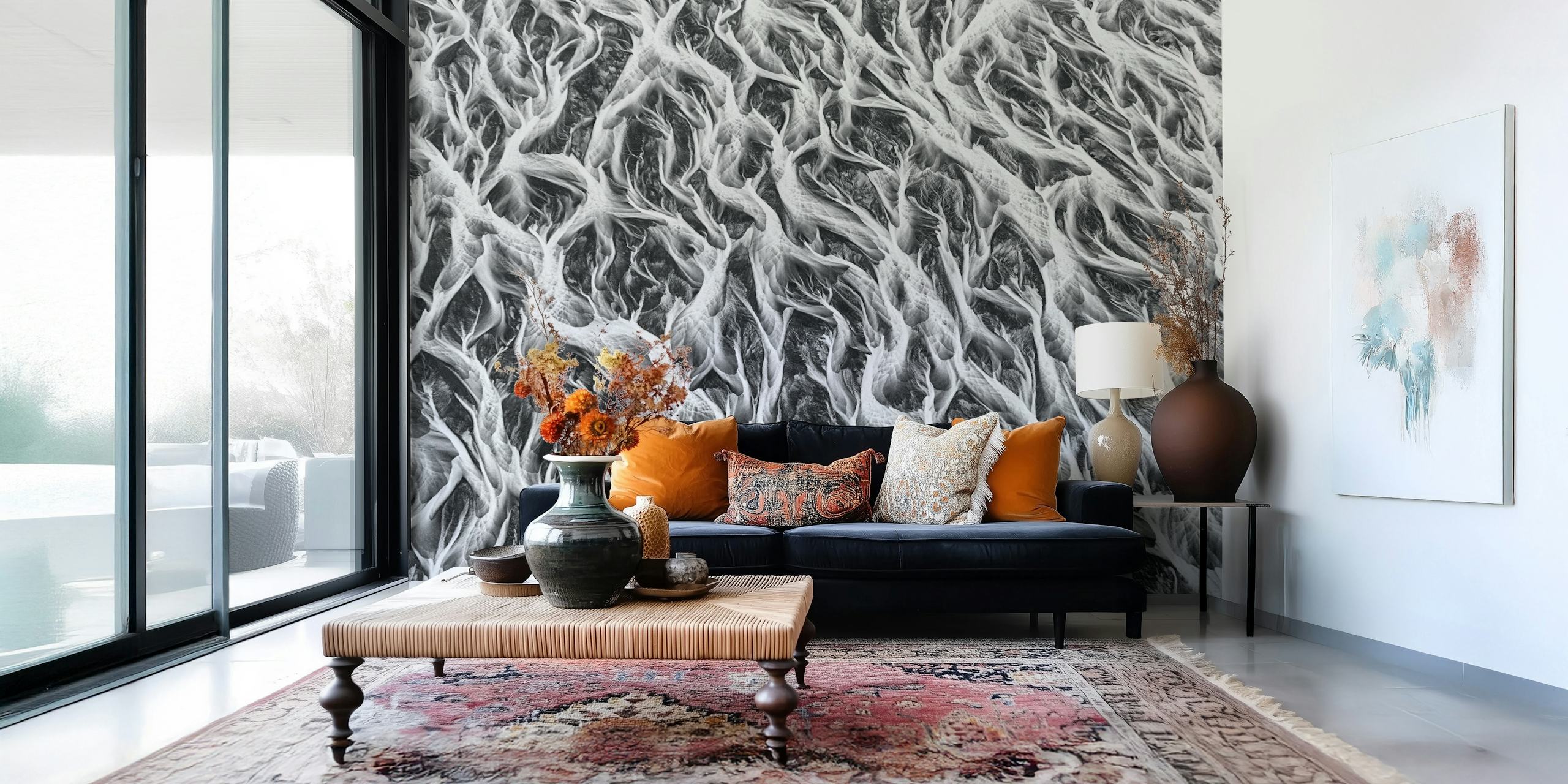 Wide river shapes wallpaper design in a room