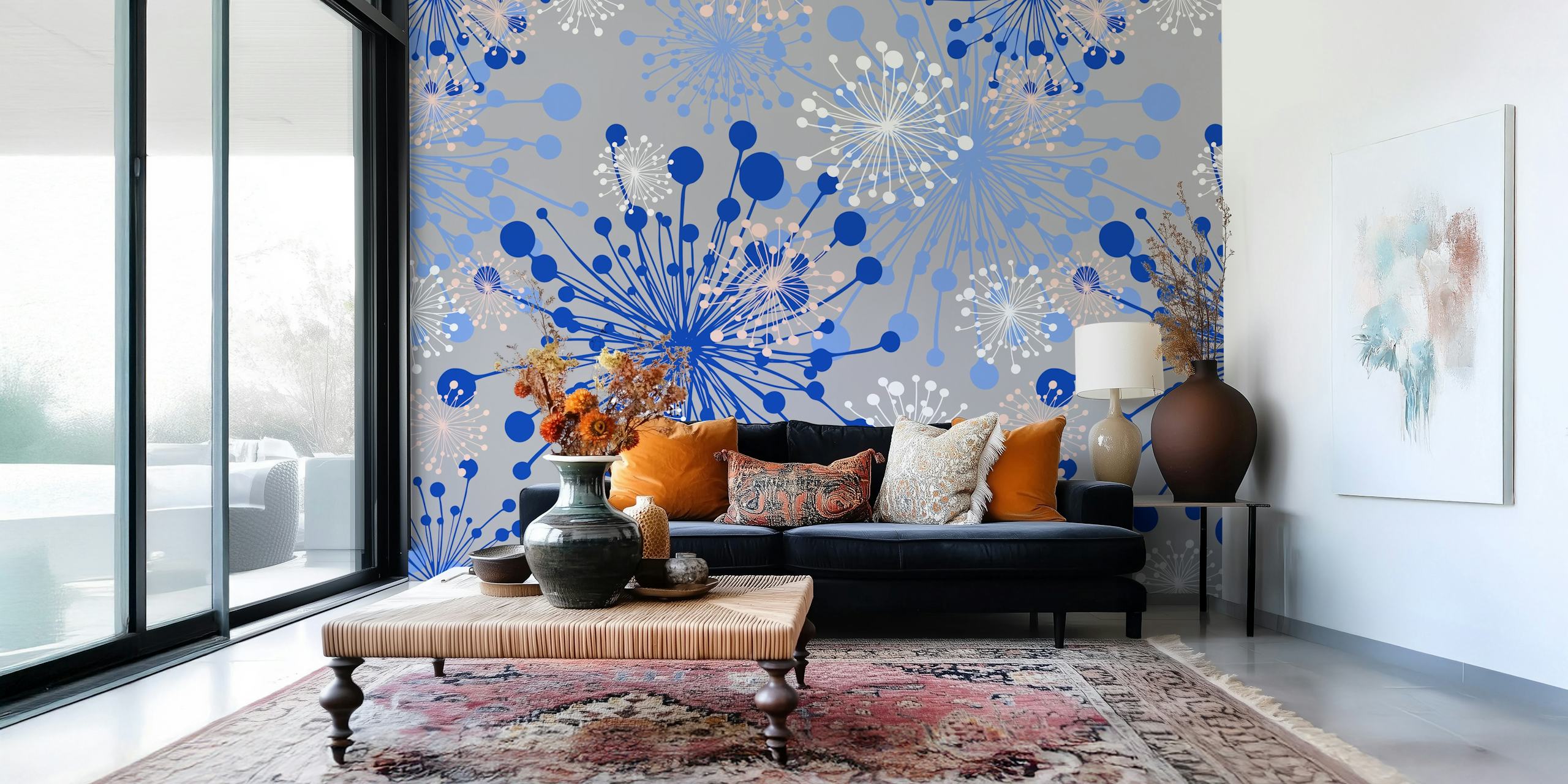 Elegant grå og royal blue dandelion, der skaber en livlig accentvæg