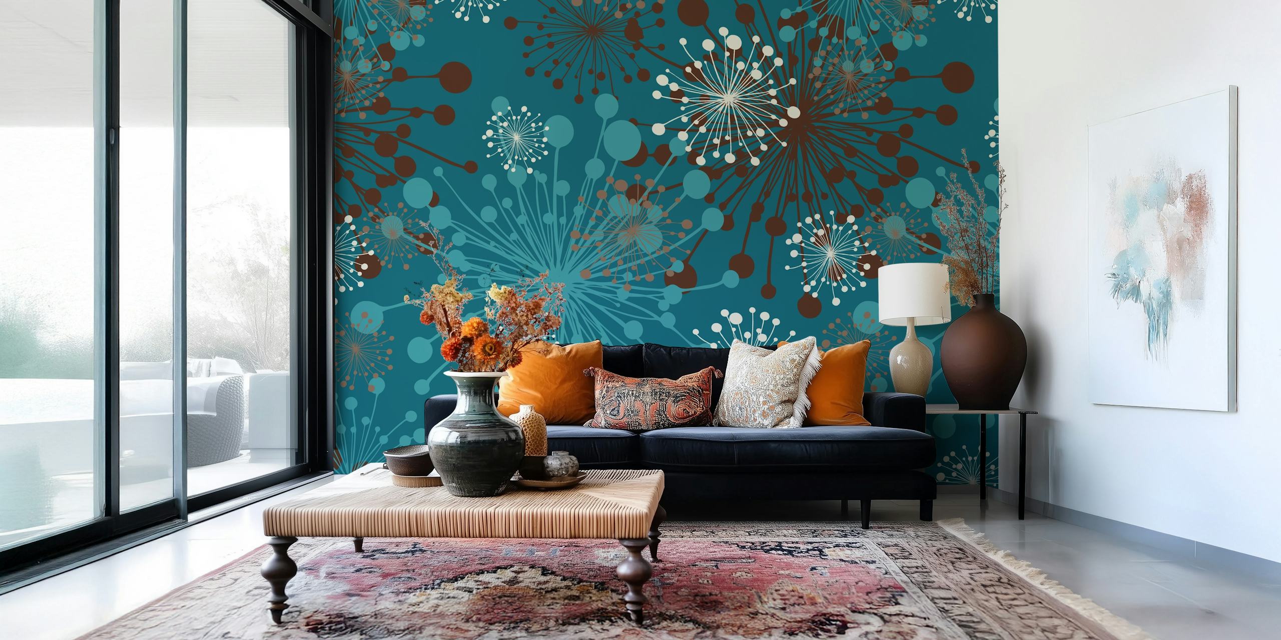 Mlecze Teal Blue Brązowa fototapeta z kwiatowym wzorem na turkusowym tle