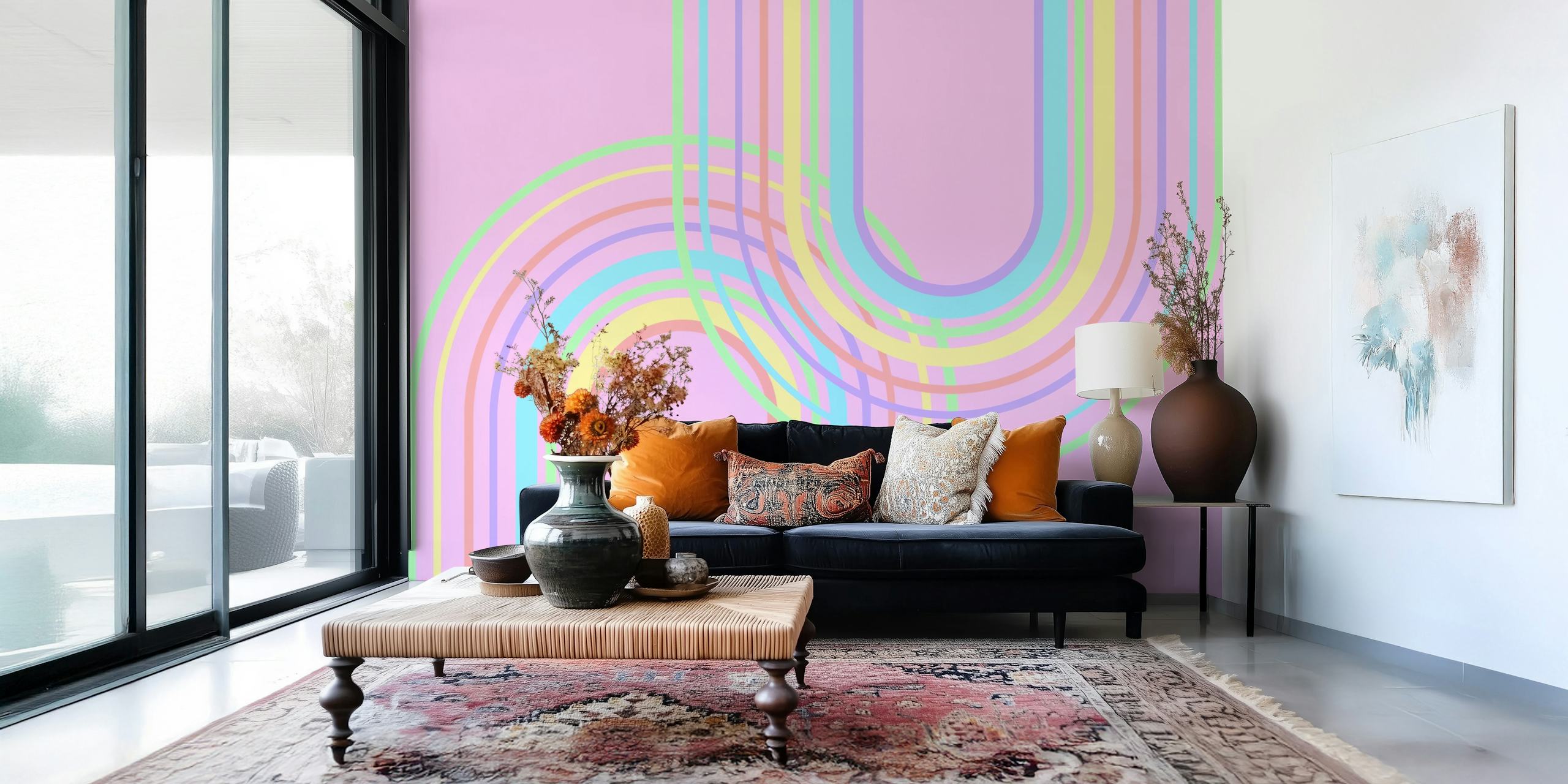 Unicorn Rainbow Arch Minimal papel pintado en una habitación