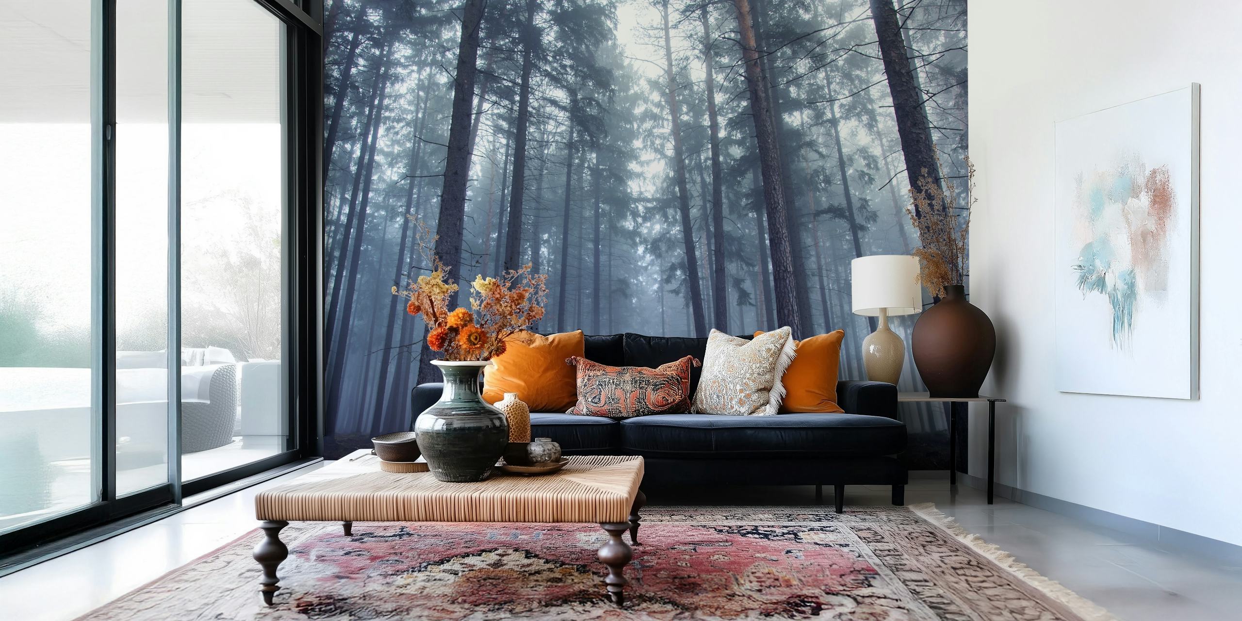 Foggy forest with tall trees and misty atmosphere wallpaper