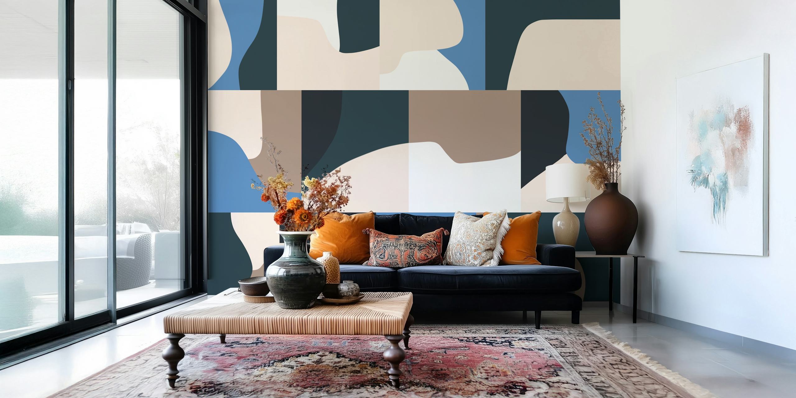 Abstract shapes in blue, beige, and dark green wallpaper