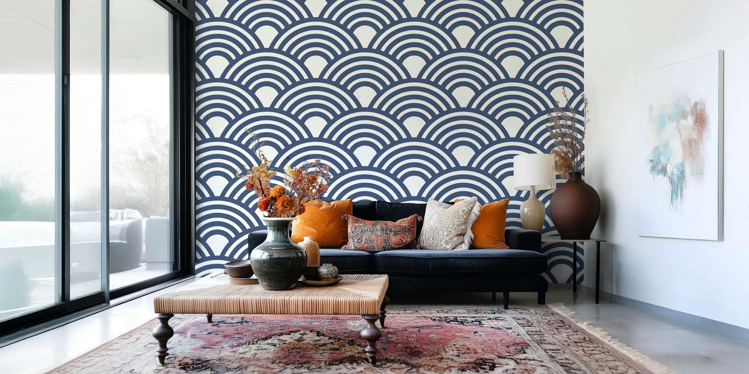 Navy blue wave pattern with circular arches wallpaper