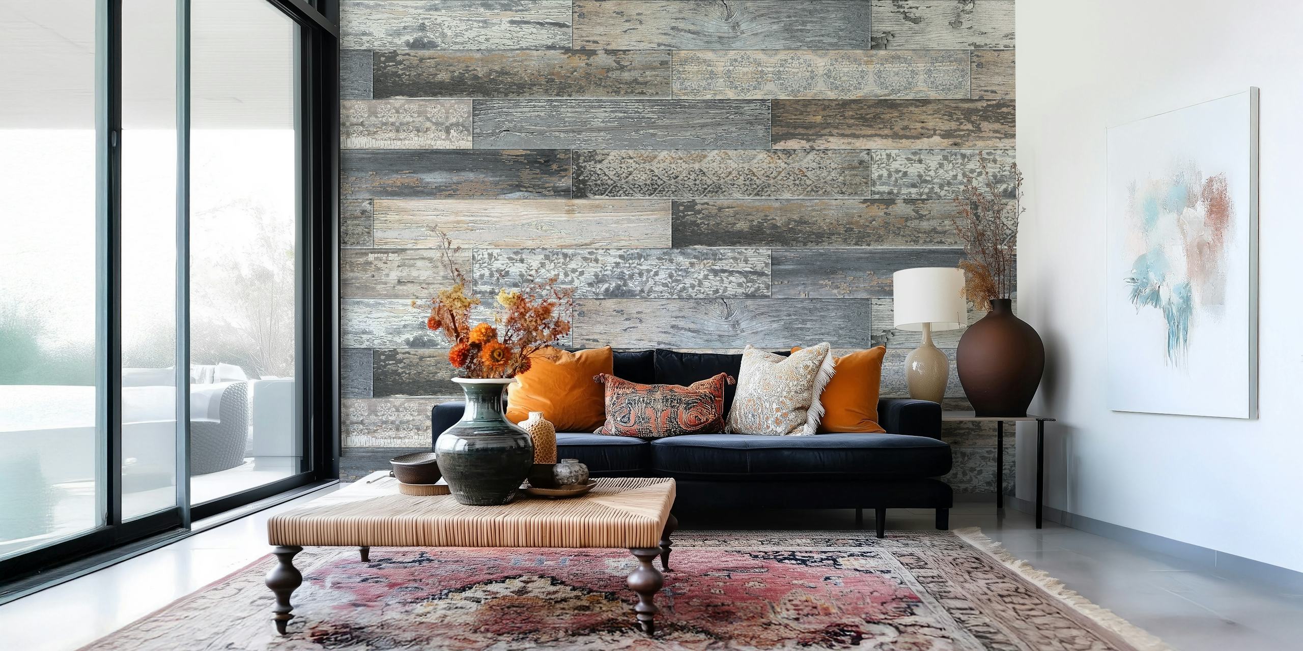 Vintage wood tiles wallpaper in a room