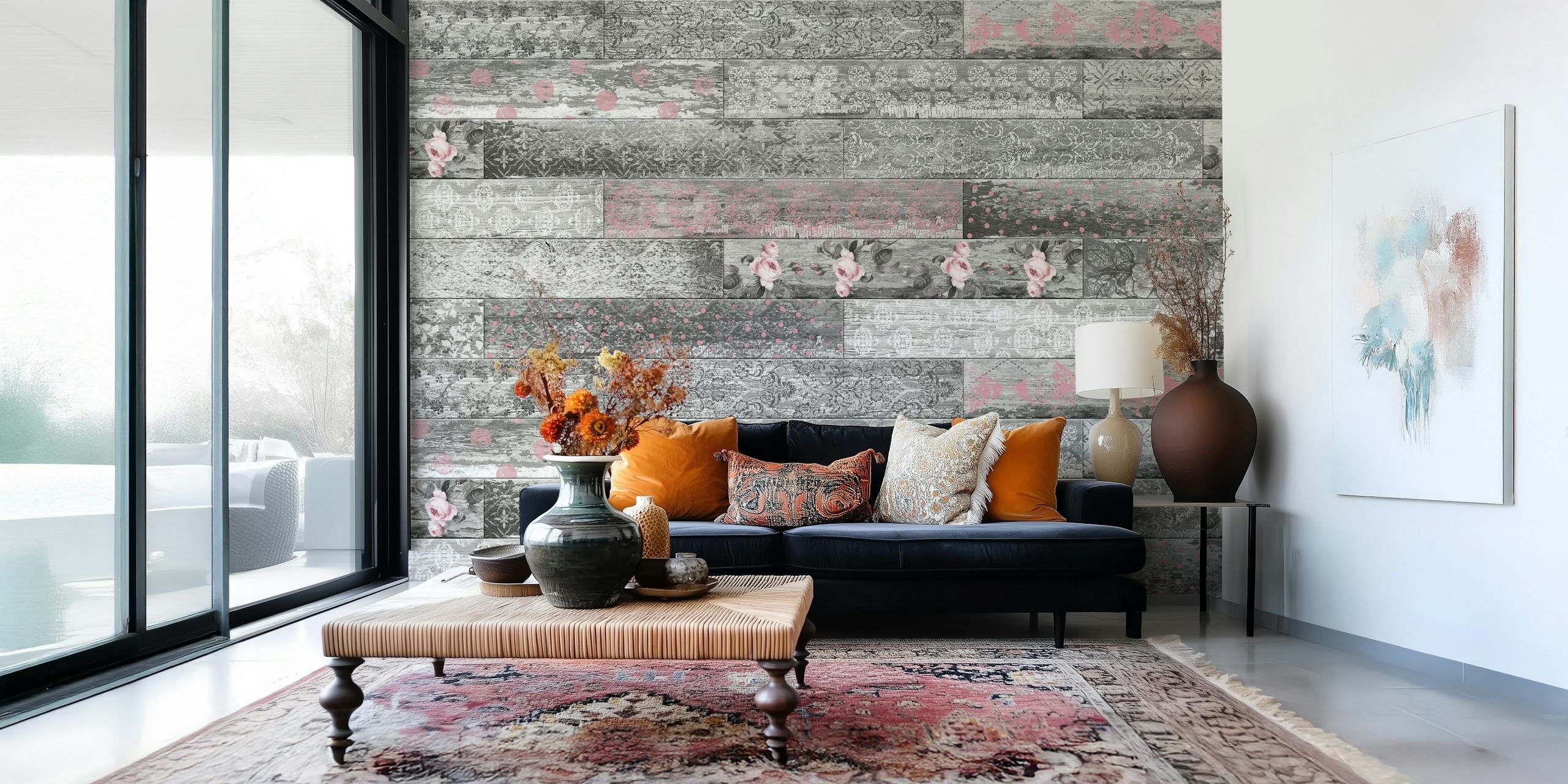 Vintage Wood Tiles Pink Grey τοιχογραφία με μια ψευδαίσθηση υφασμένων ξύλινων πάνελ σε αποχρώσεις του ροζ και του γκρι
