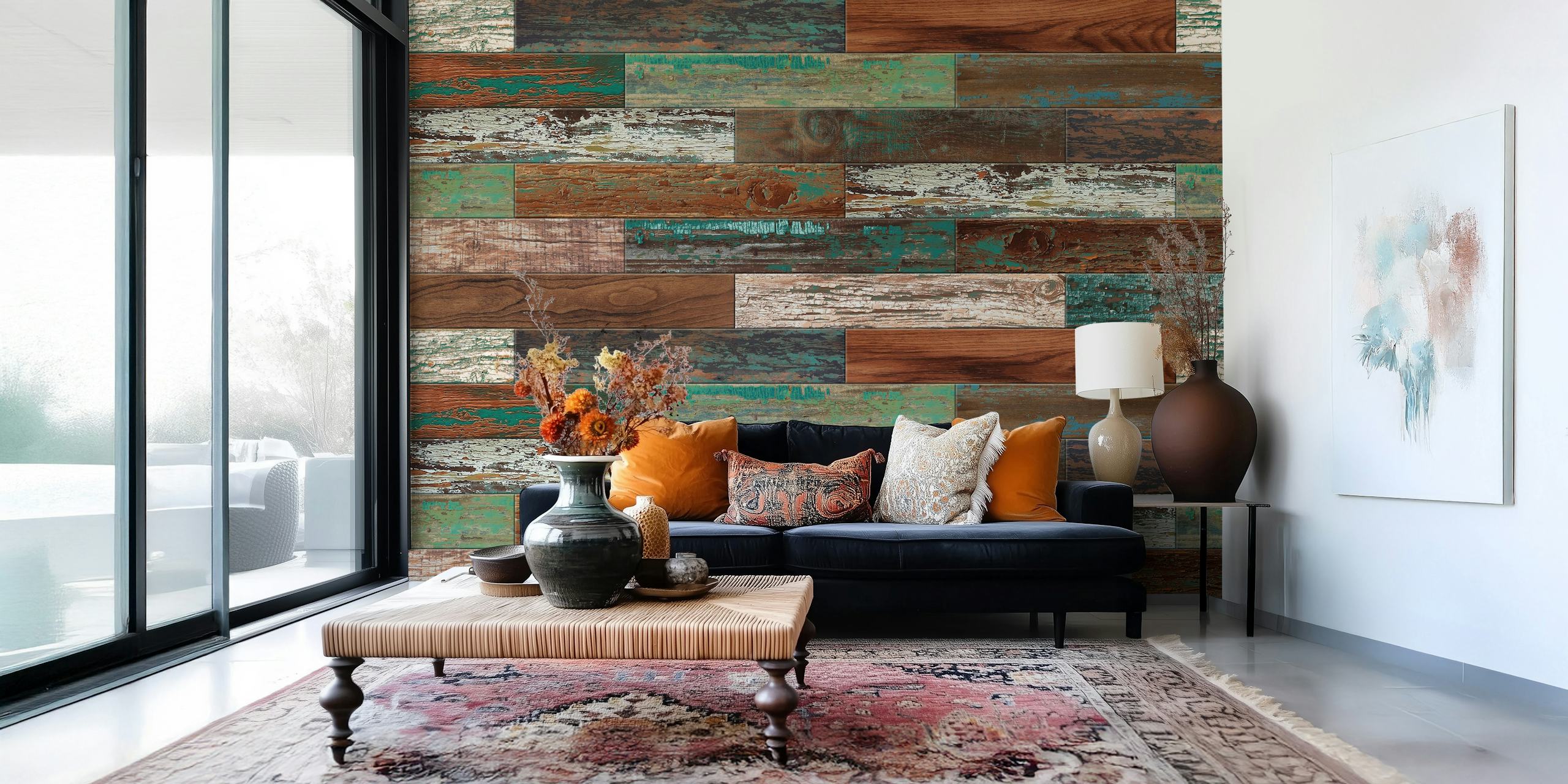 Reclaimed Boat Wood Green Rust behang in een kamer