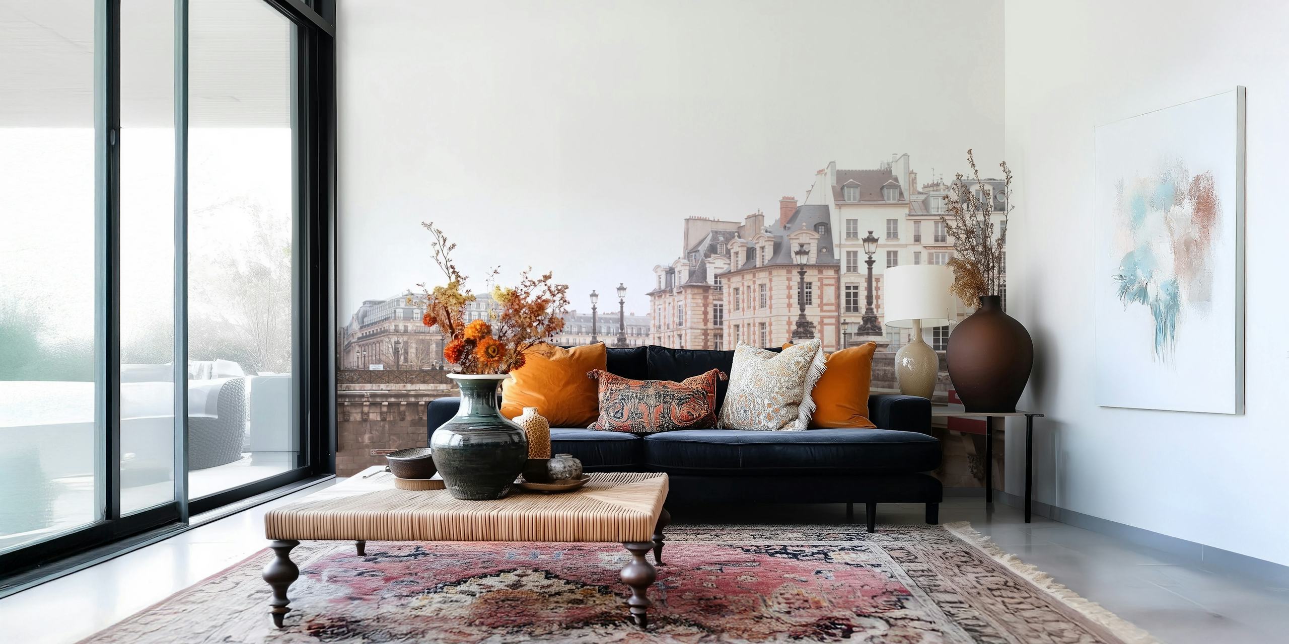 Paris city bridge with historical buildings, neutral colors wall mural