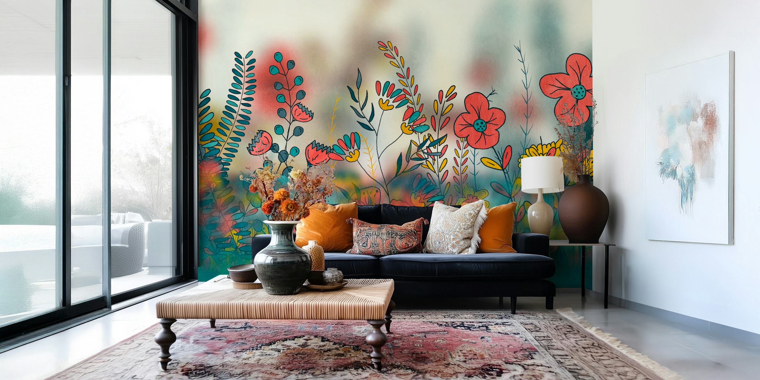 Bright red flowers, blue foliage, and yellow accents floral wallpaper