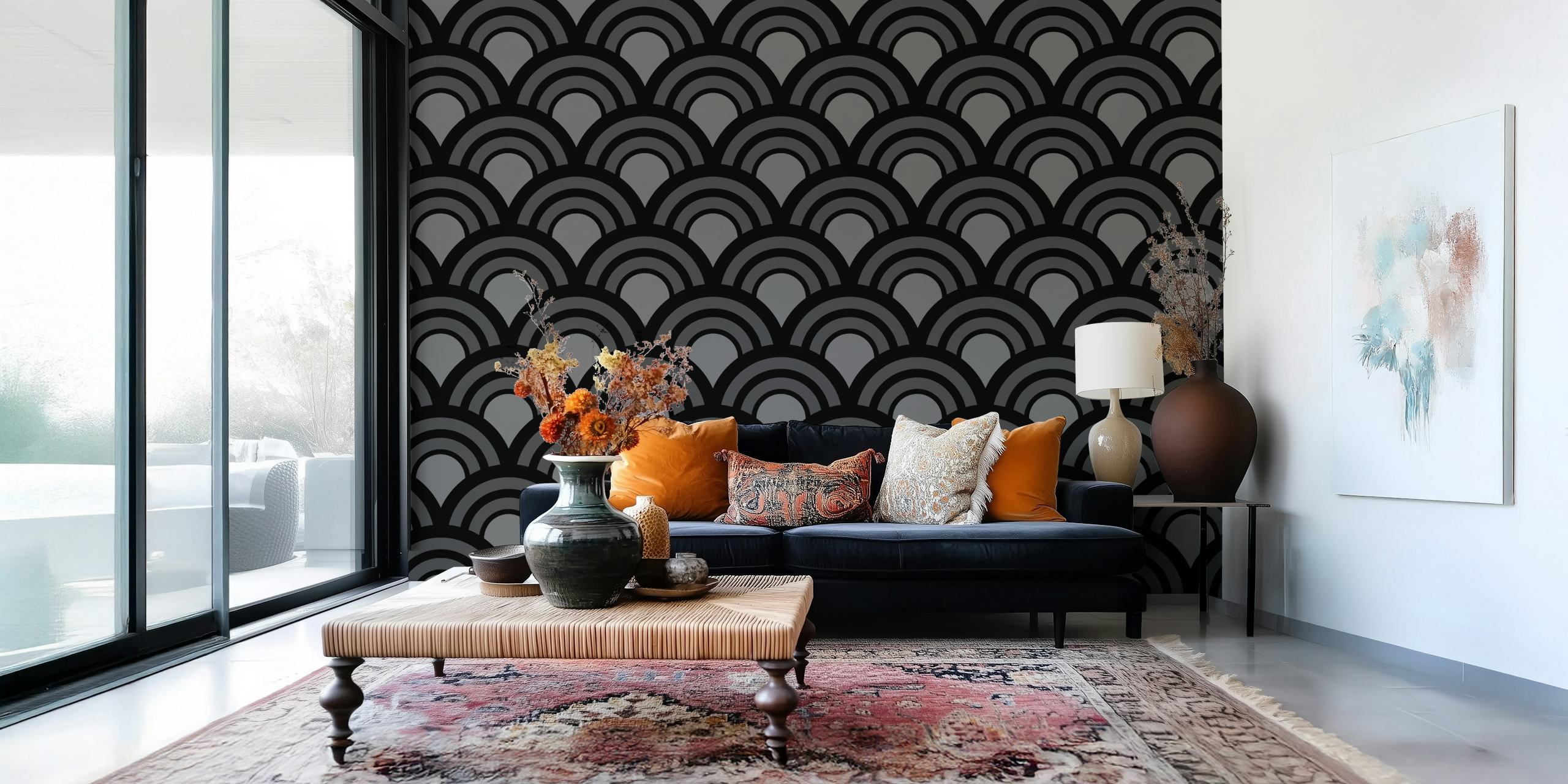 Mid Century Dark Concrete Arches wallpaper in a room
