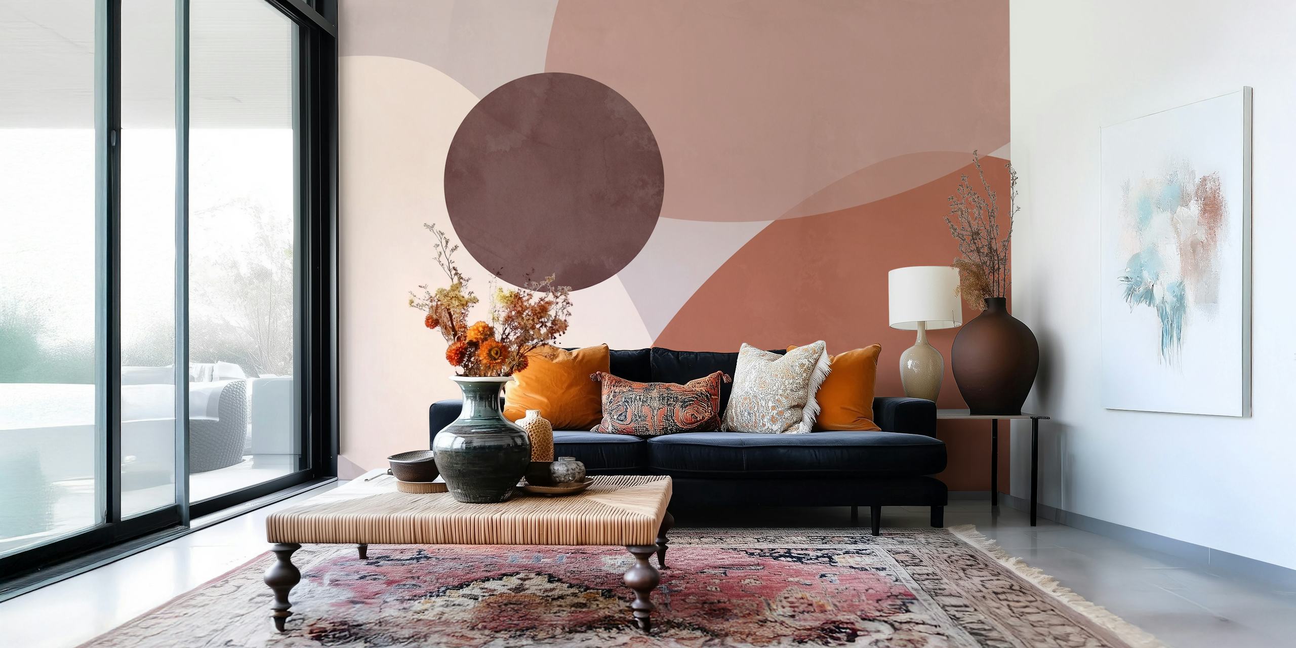 Abstract earth tone shapes in brown, beige, and terracotta wallpaper