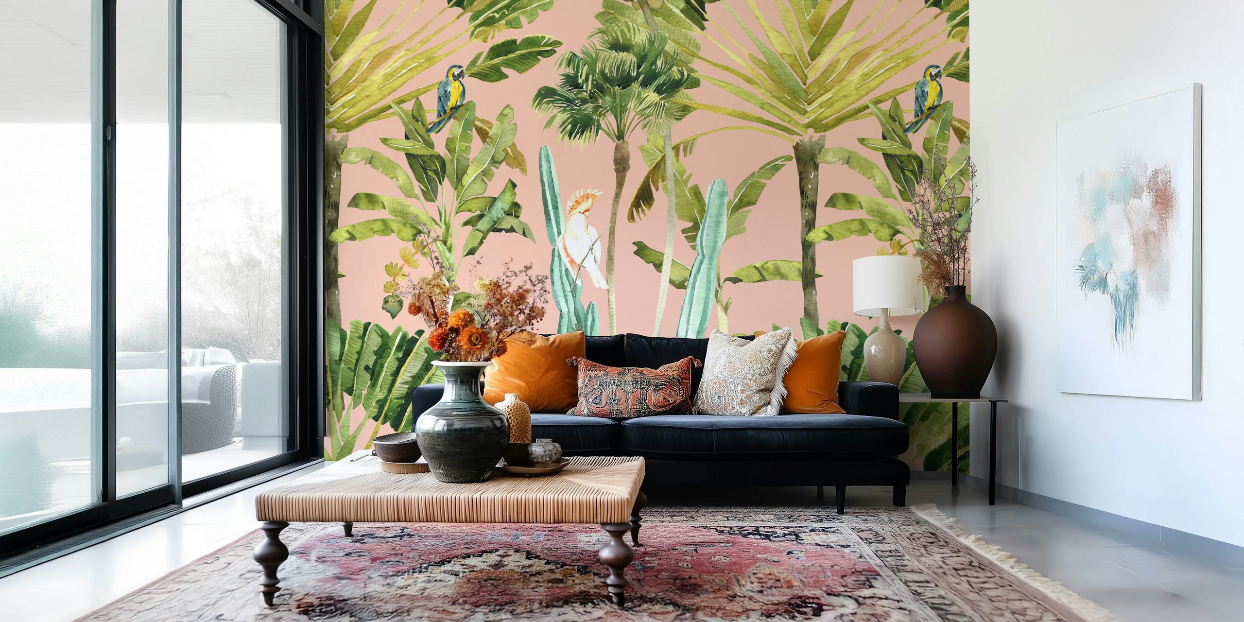Behang met Birds in Jungle Foliage on Soft Pink in een kamer