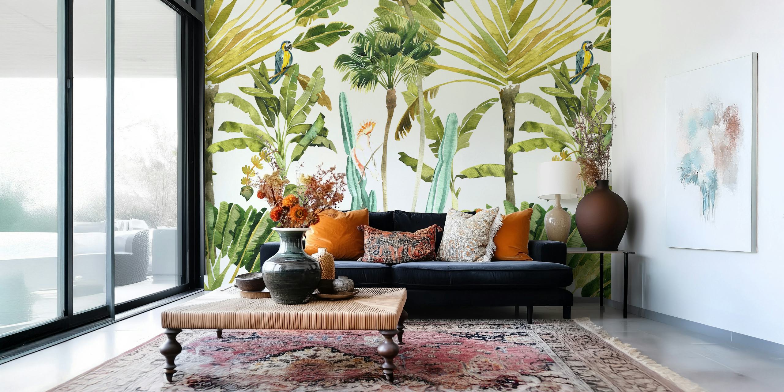 Tropical jungle leaves with colorful parrots green wallpaper