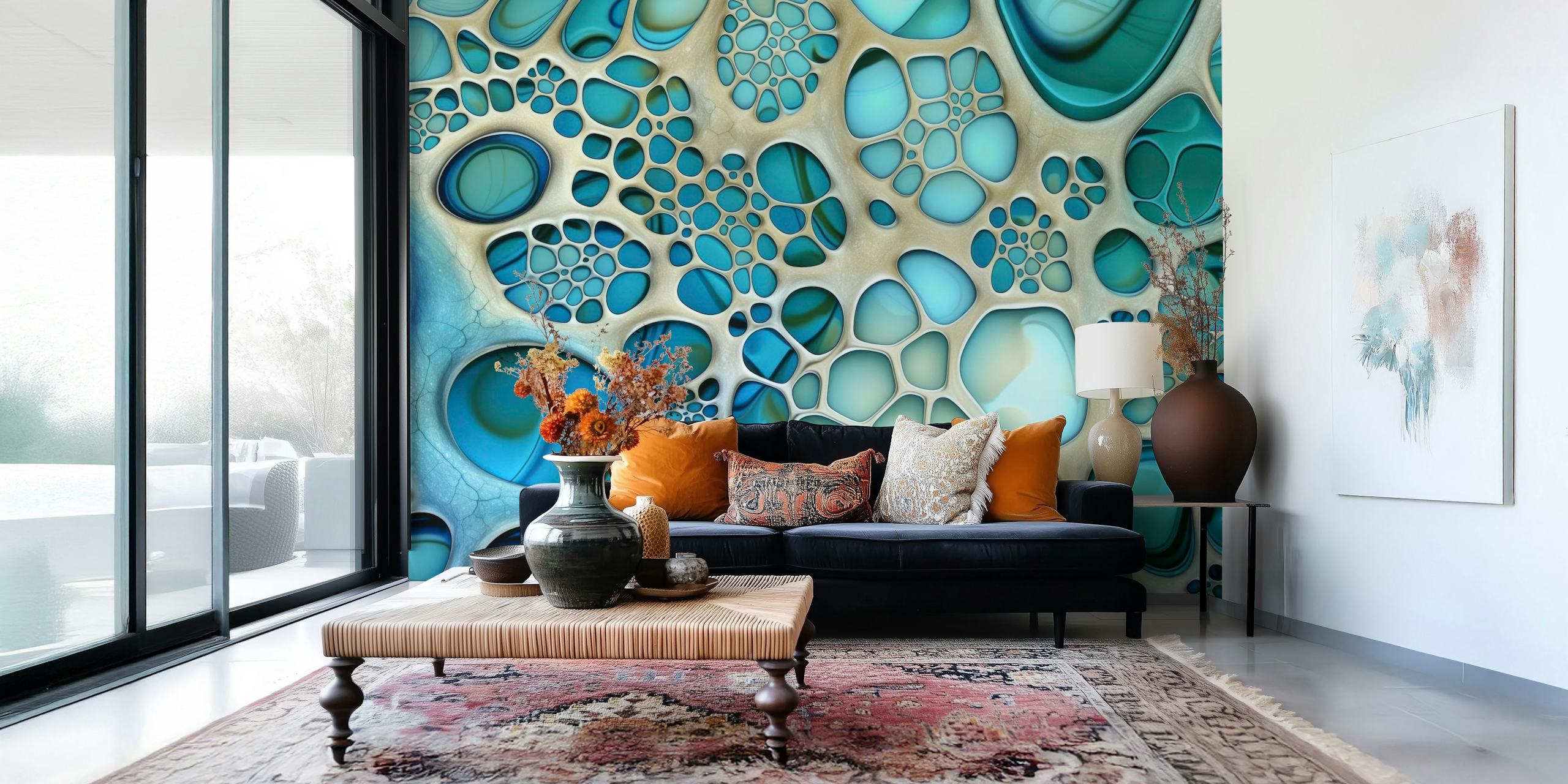 Abstract blue bubble patterns in varying sizes wallpaper