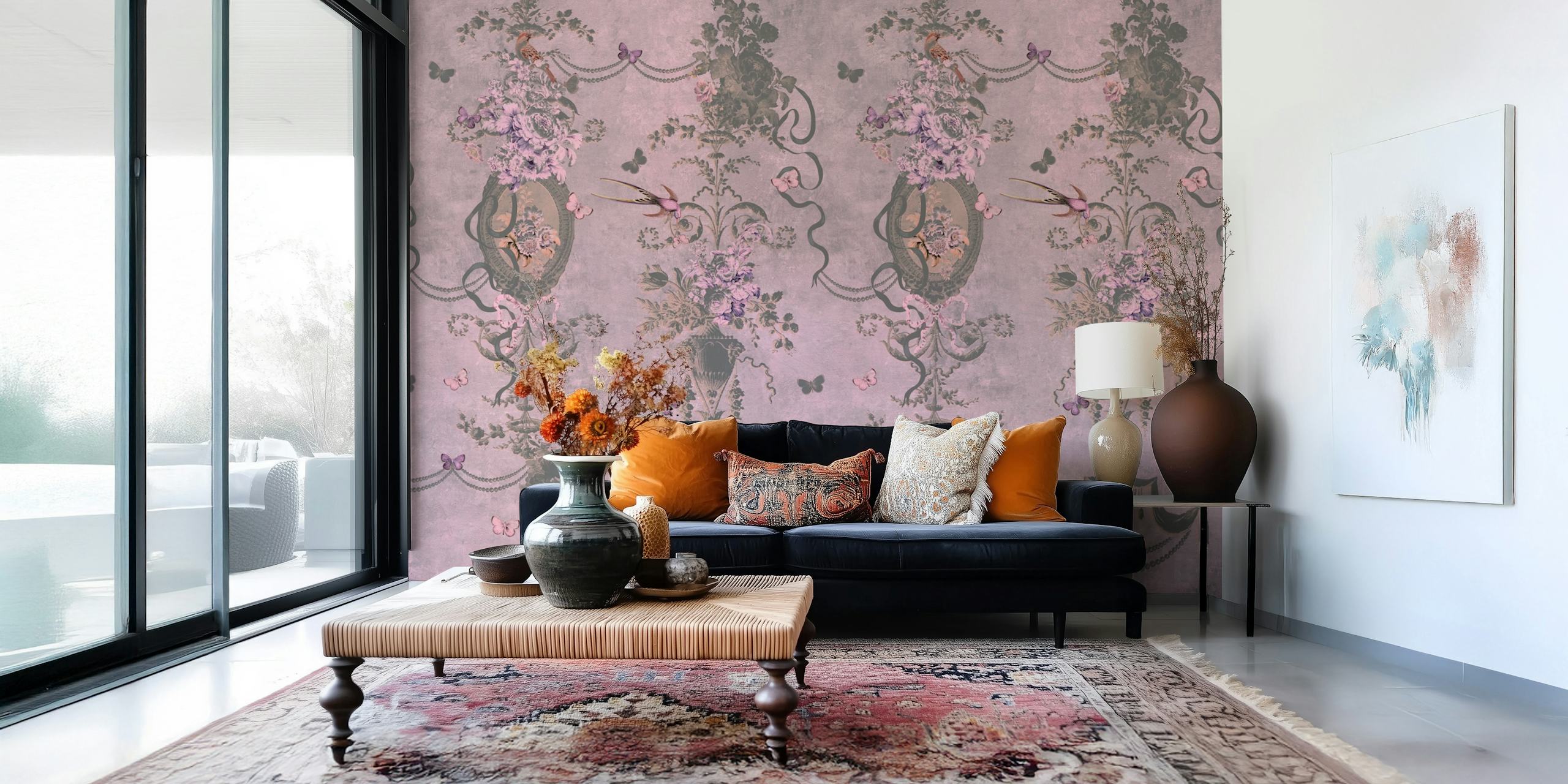 Whimsical dusty pink classic dream wallpaper in a room