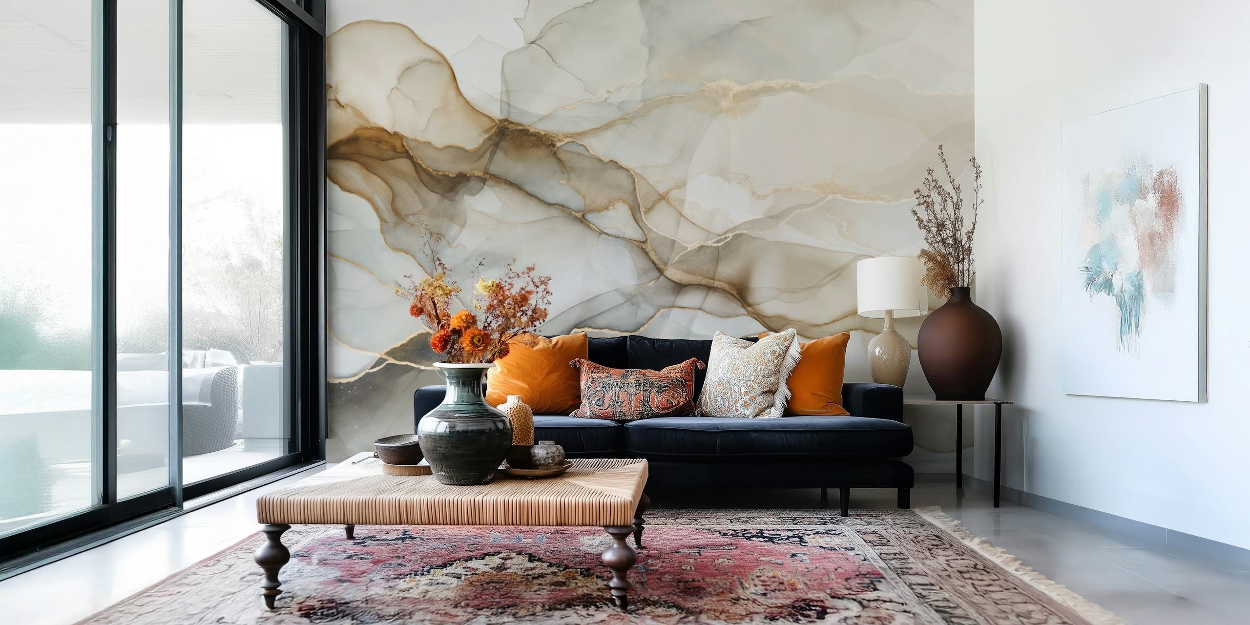 Serene earthy tones ink flow wallpaper in a room