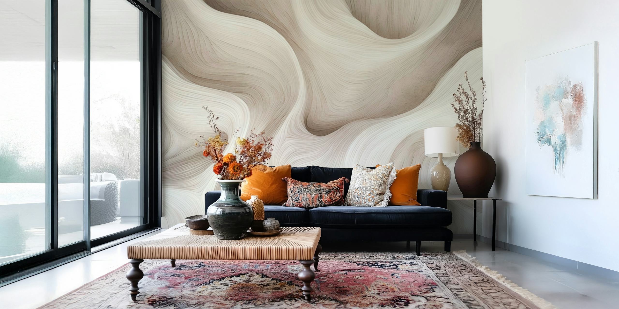 Flowing wave patterns in soft beige tones wallpaper